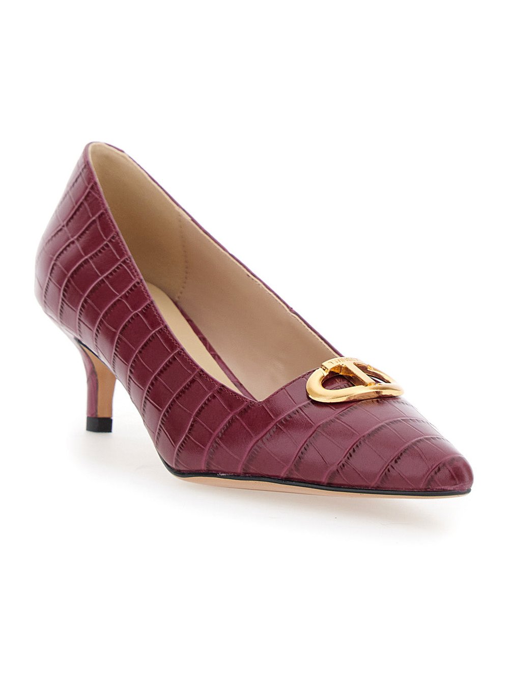 Twinset Crocodile-Embossed Leather Heel — Burgundy, view 2