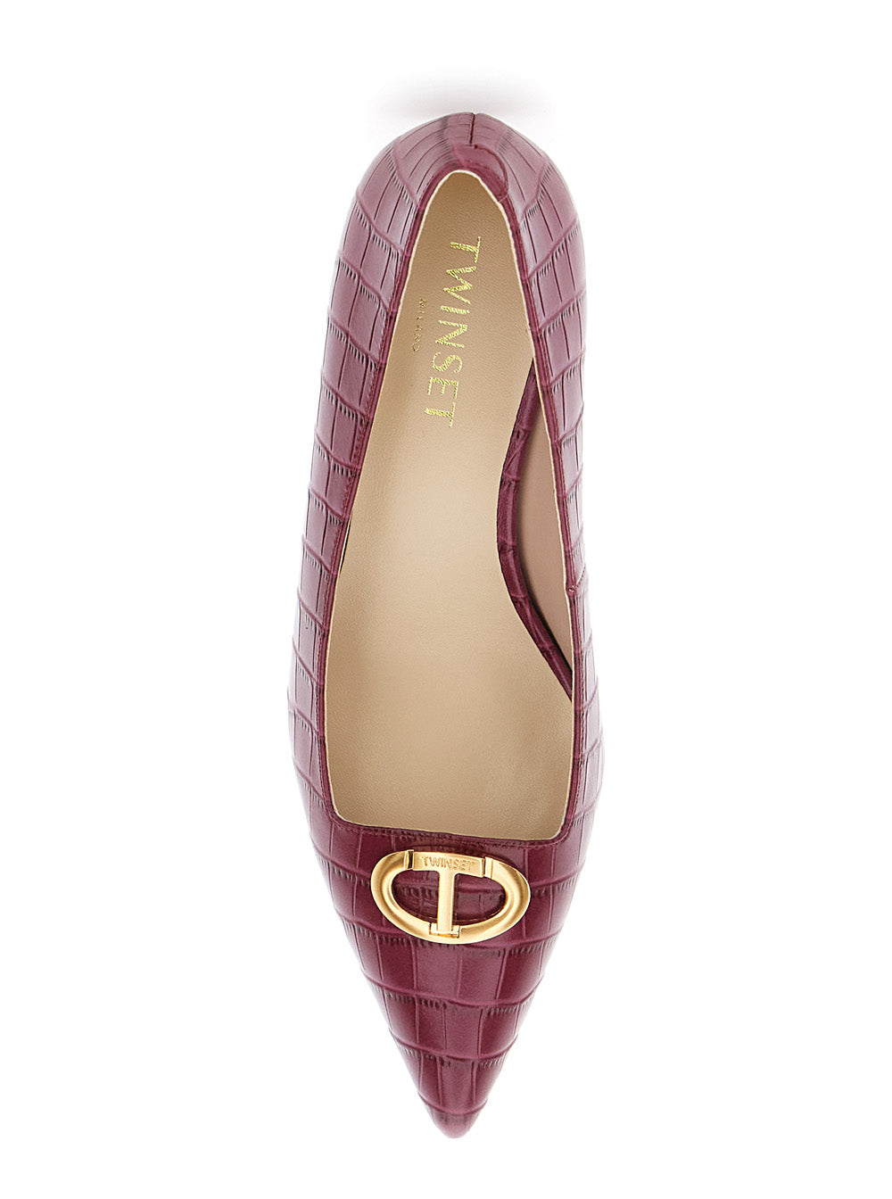 Twinset Crocodile-Embossed Leather Heel — Burgundy, view 4