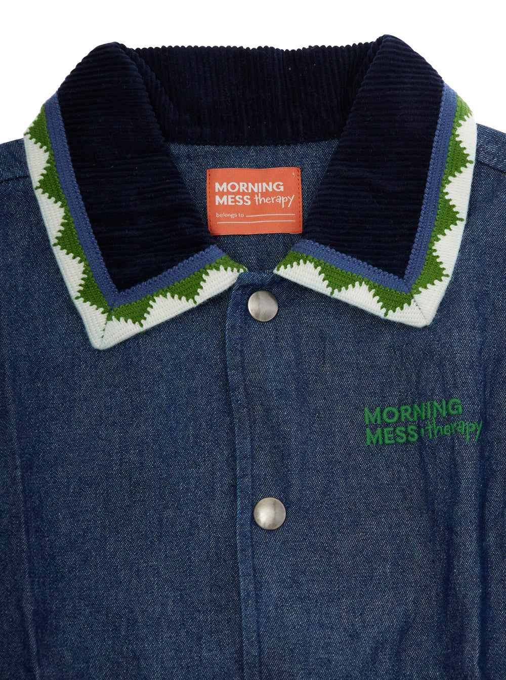 Morning Mess Therapy Embroidered Denim Jacket — Blue, view 3