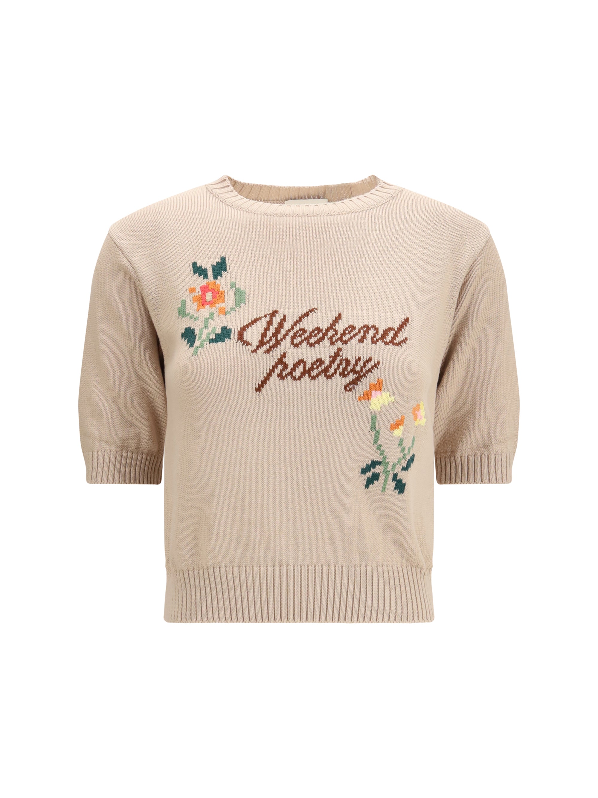 Weekend Max Mara Embroidered Cotton Knit Sweater — Beige, view 3