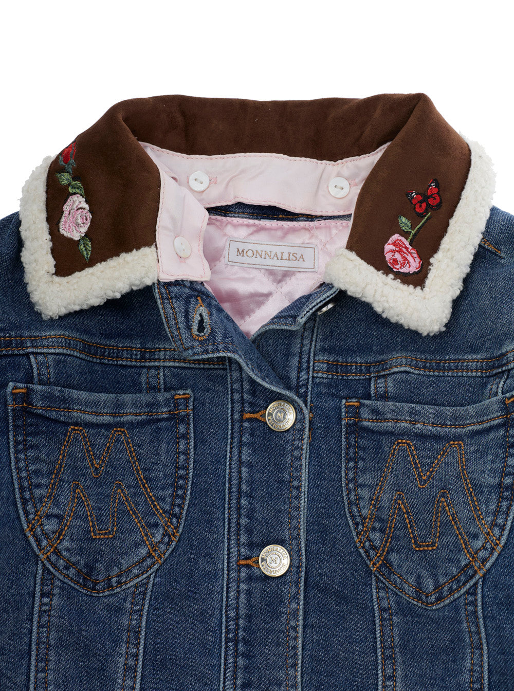 Monnalisa Floral-Embroidered Denim Jacket — Blue, view 3