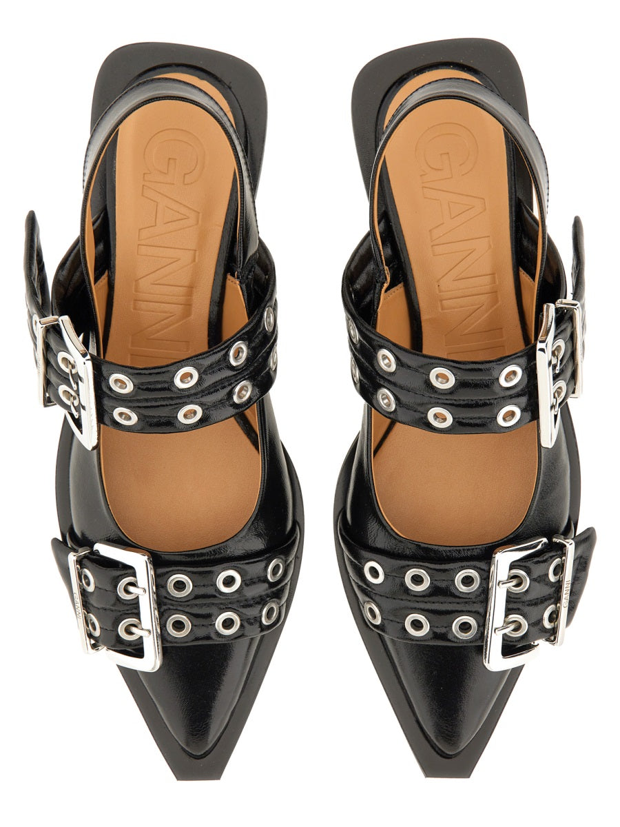 Ganni Buckle-Trimmed Recycled Polyester Ballet Flats — Black, view 5