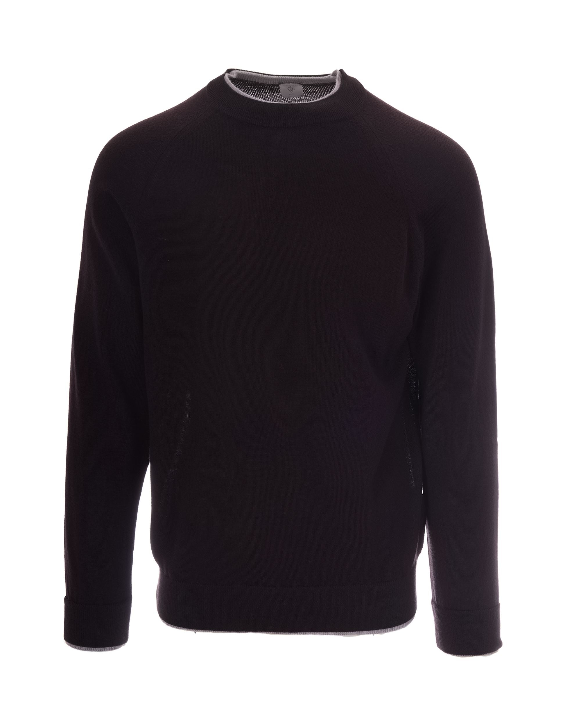 Eleventy Wool Crew-Neck with Contrast Trim Sweater — Burgundy by Eleventy
