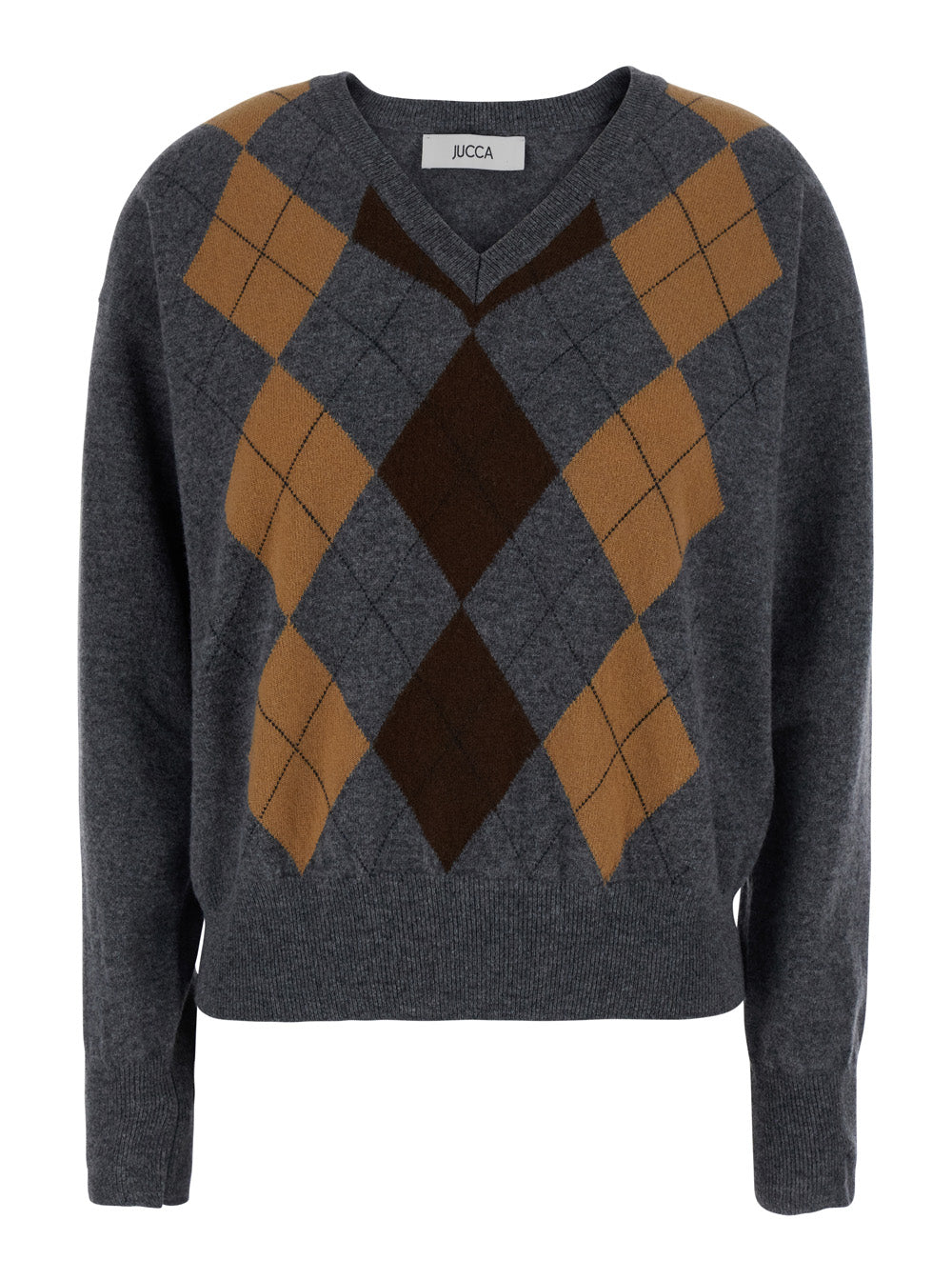 Jucca Argyle V-Neck Wool Sweater — Gray by Jucca