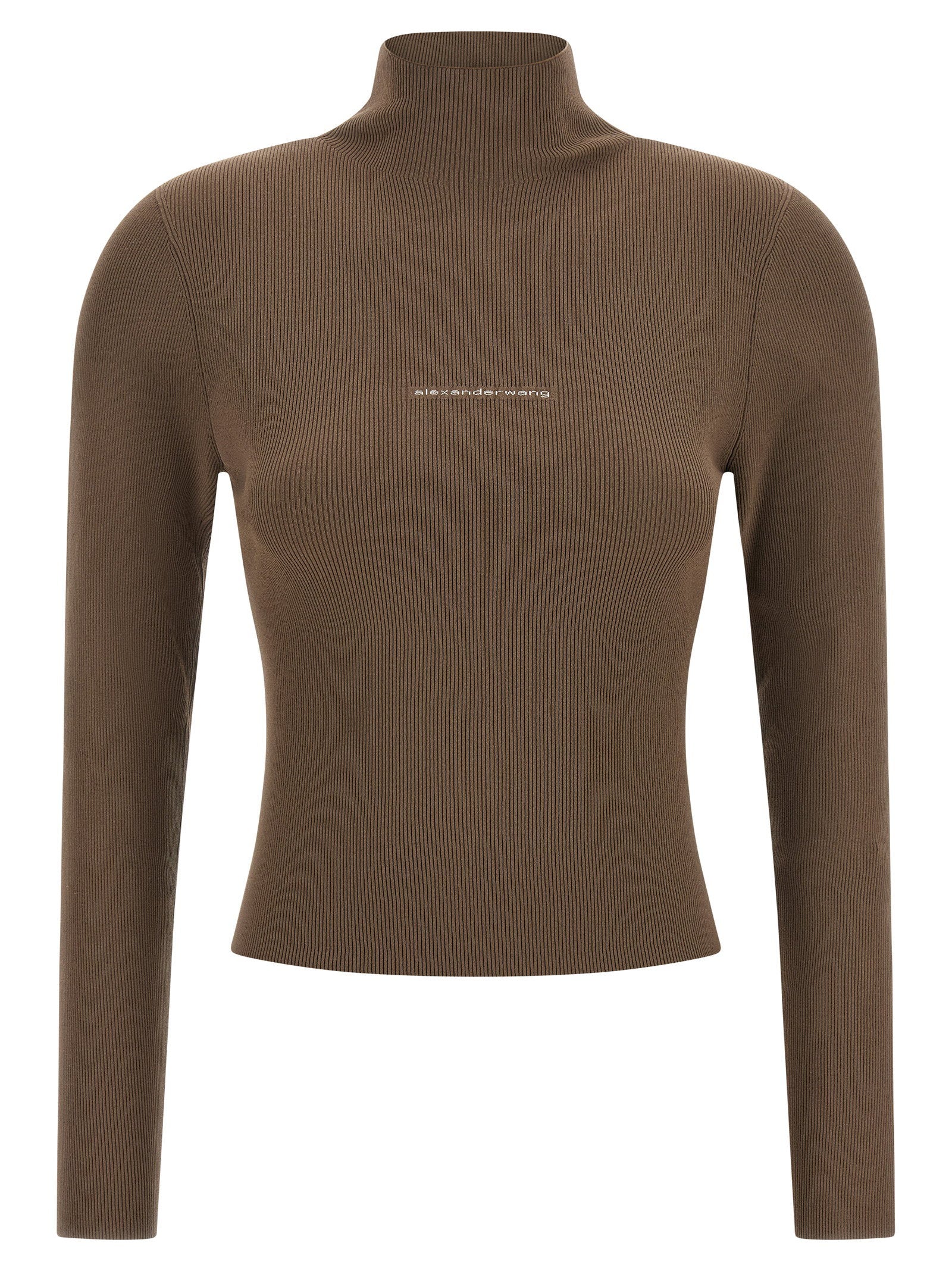 Alexander Wang Logo Ribbed Turtleneck — Brown - M by Alexander Wang