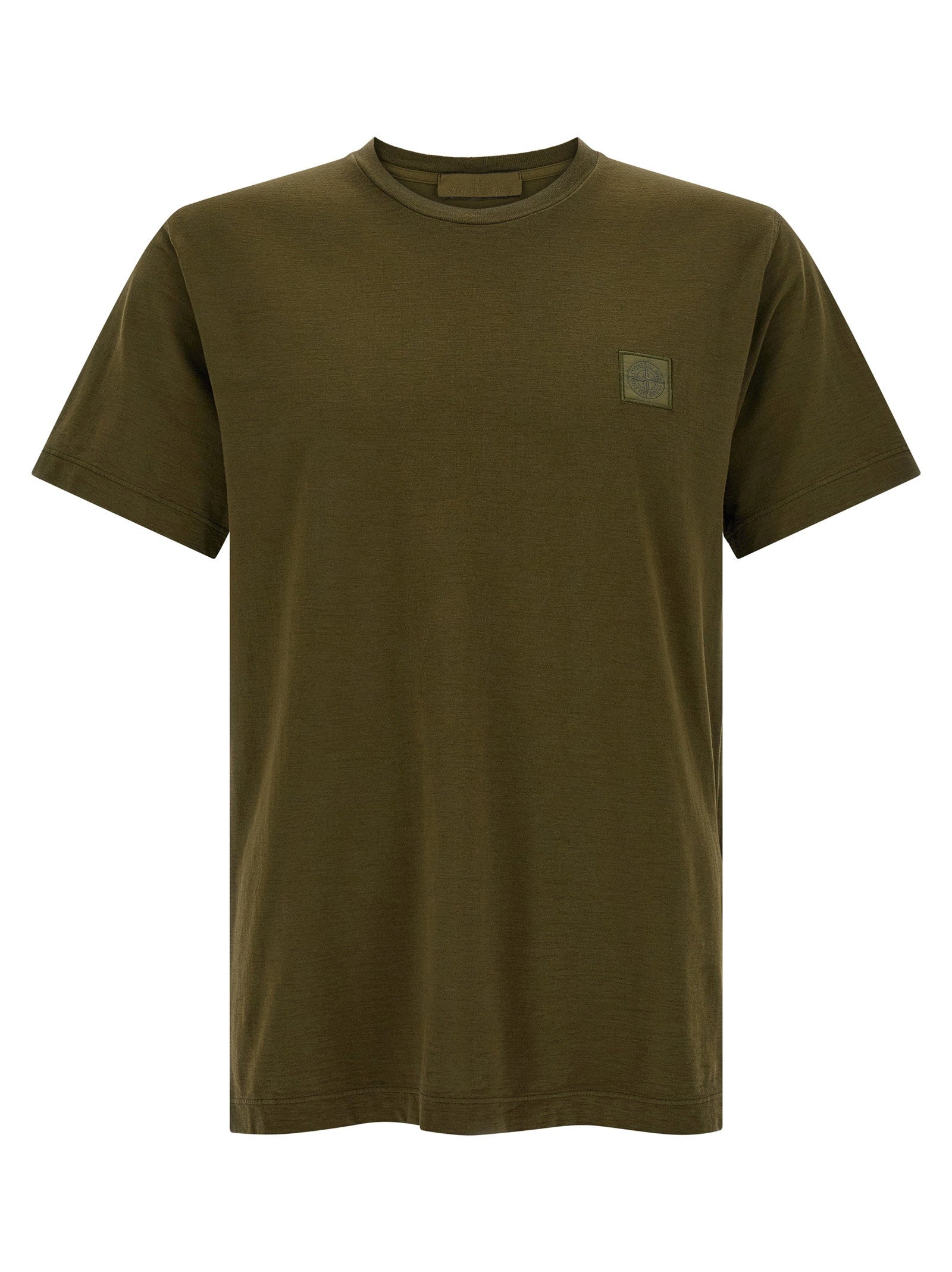Stone Island Badge Logo Flamed Cotton T-shirt — Green - L by Stone Island