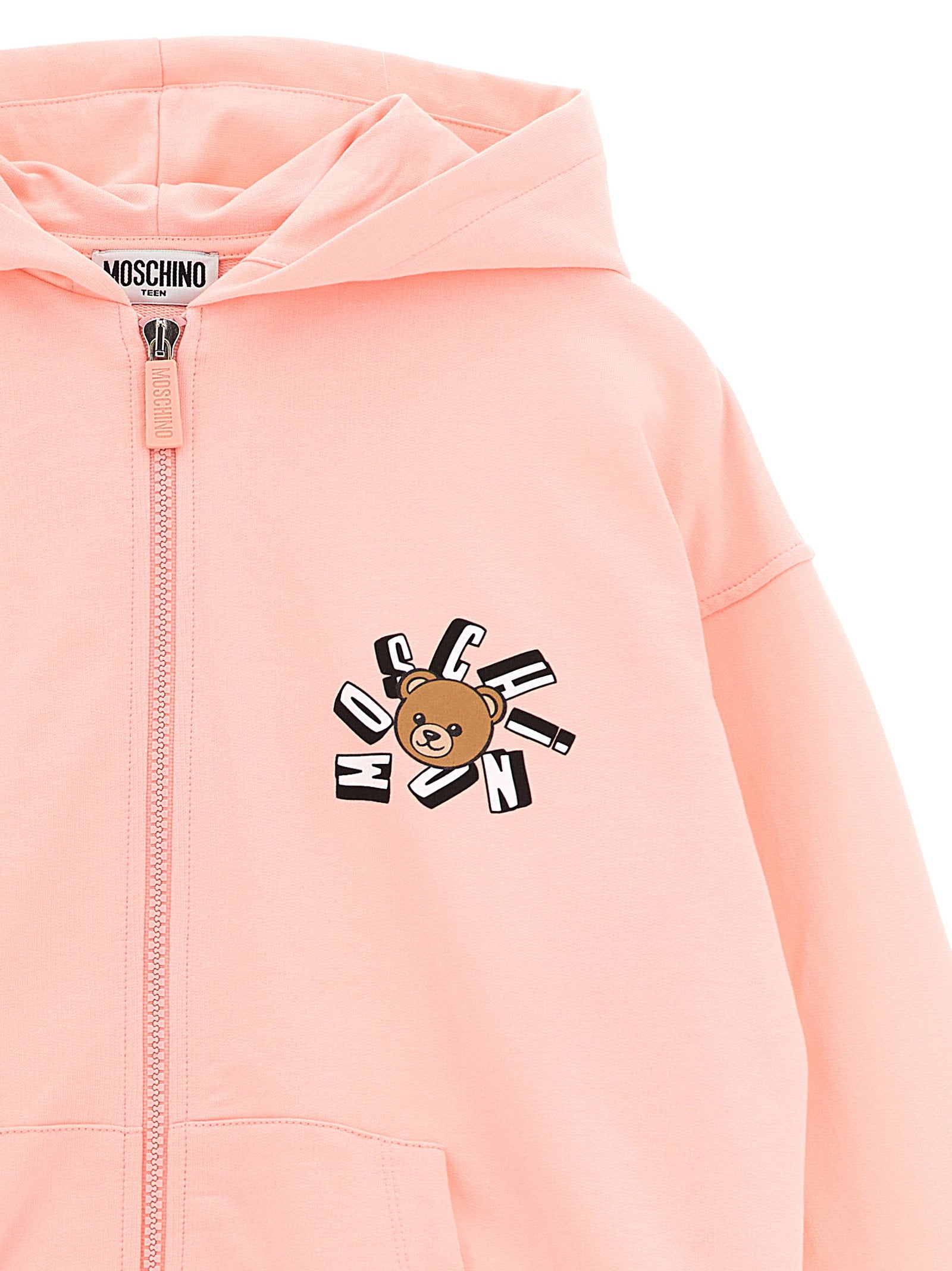 Moschino Kid Teen Teddy Bear-Embroidered Cotton Hoodie — Pink, view 3