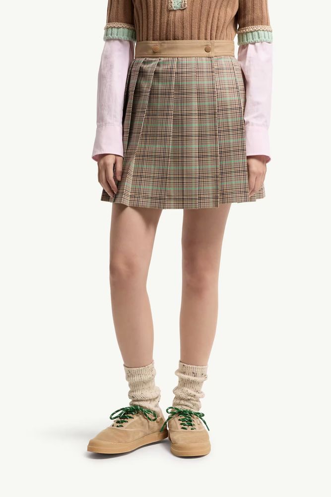 Moncler Pleated Check Skirt — Green, view 2