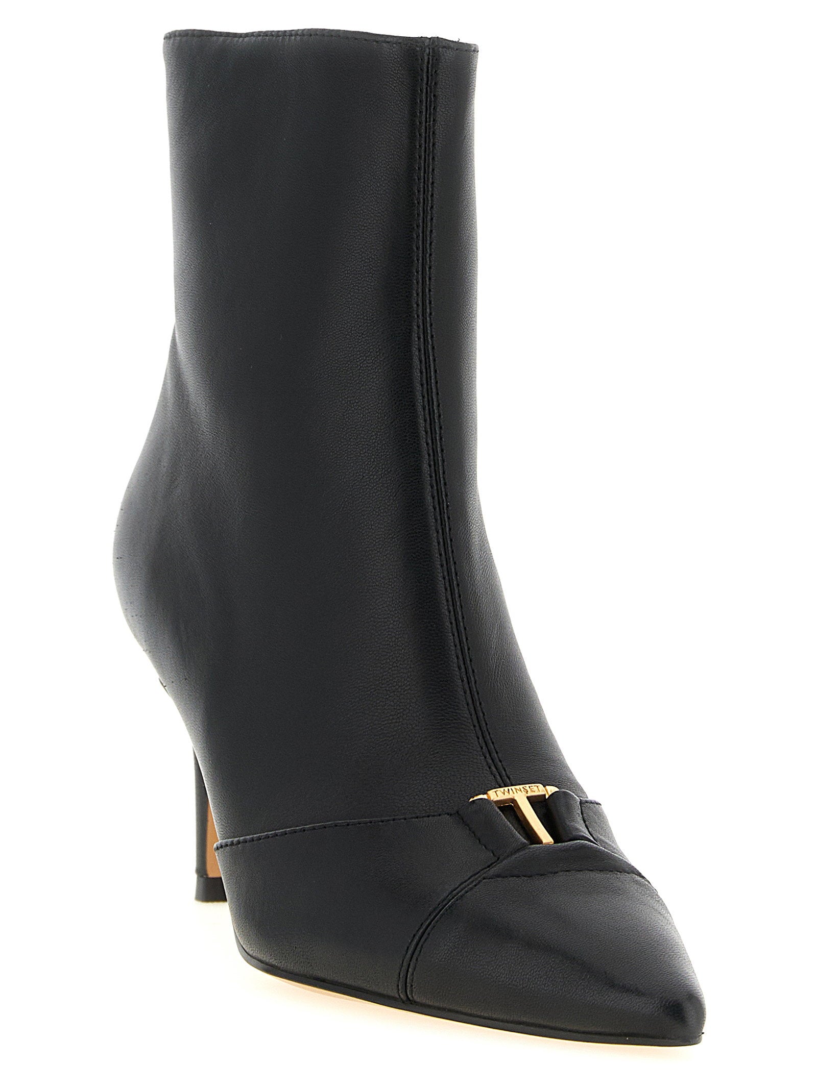 Twin Set Gold Logo Stiletto Ankle Boot — Black, view 2
