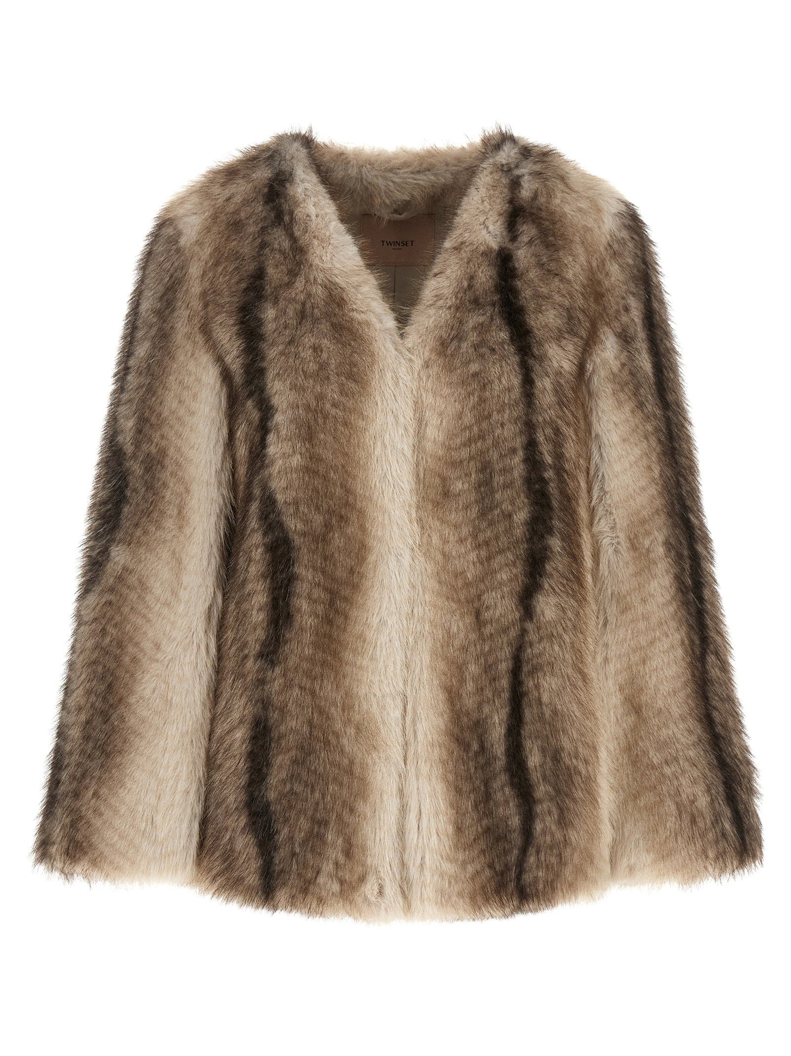 Twin Set Eco-Fur Hood Cape Coat — Beige by Twin-Set