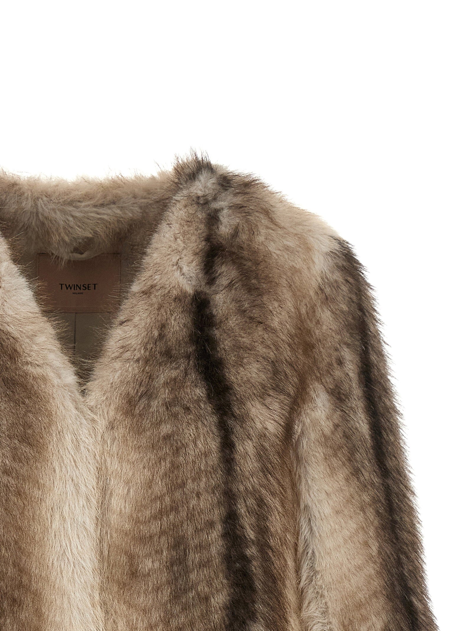 Twin Set Eco-Fur Hood Cape Coat — Beige, view 3