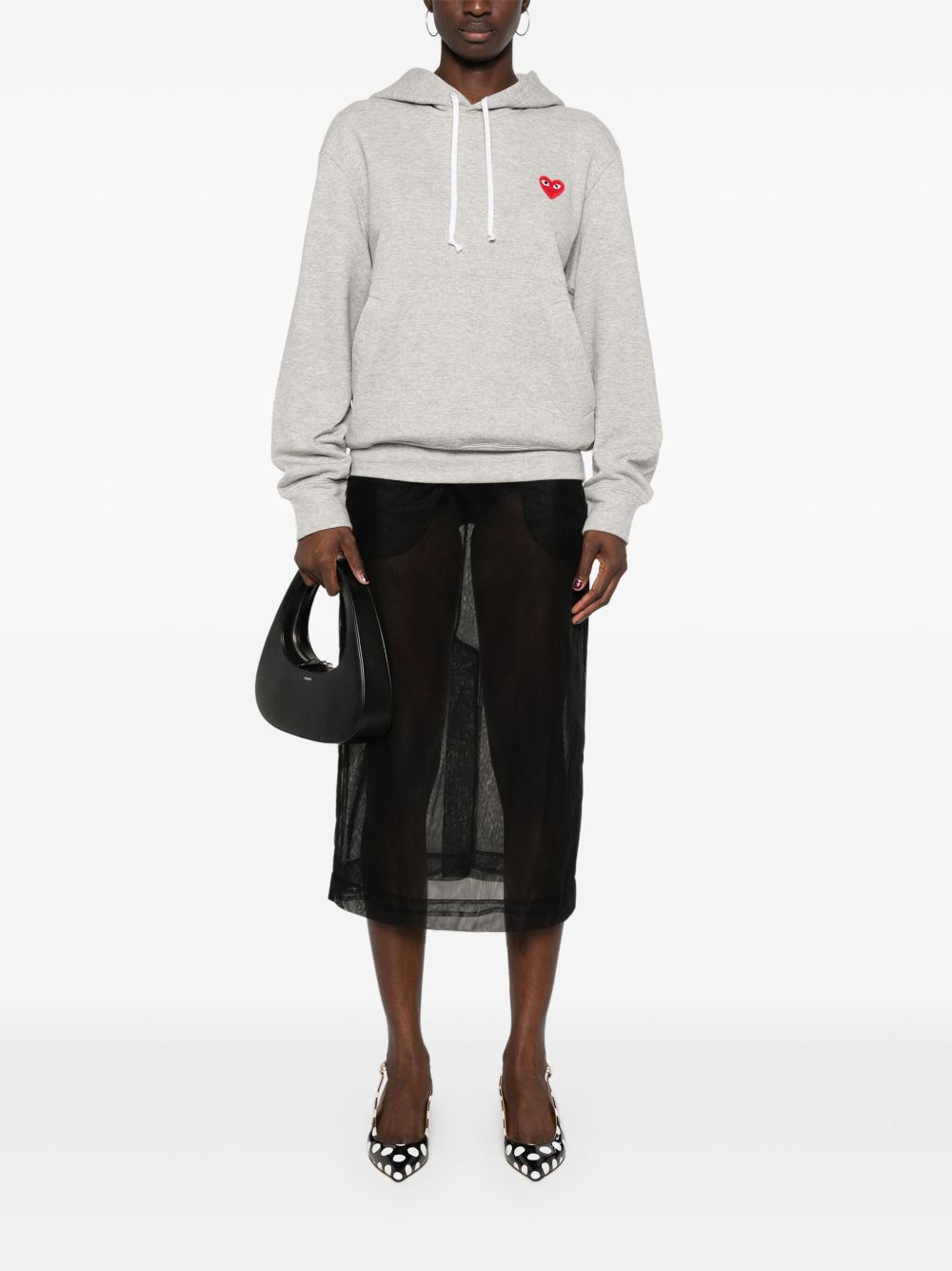 Comme Des Garcons Red Heart-Embroidered Cotton Hoodie — Grey, view 3