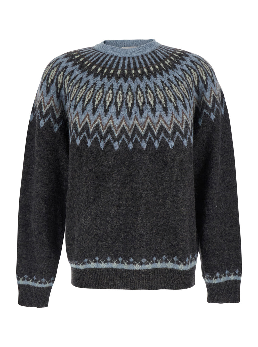 Roberto Collina Jacquard Wool Alpaca Crew Neck Sweater — Brown by Roberto Collina