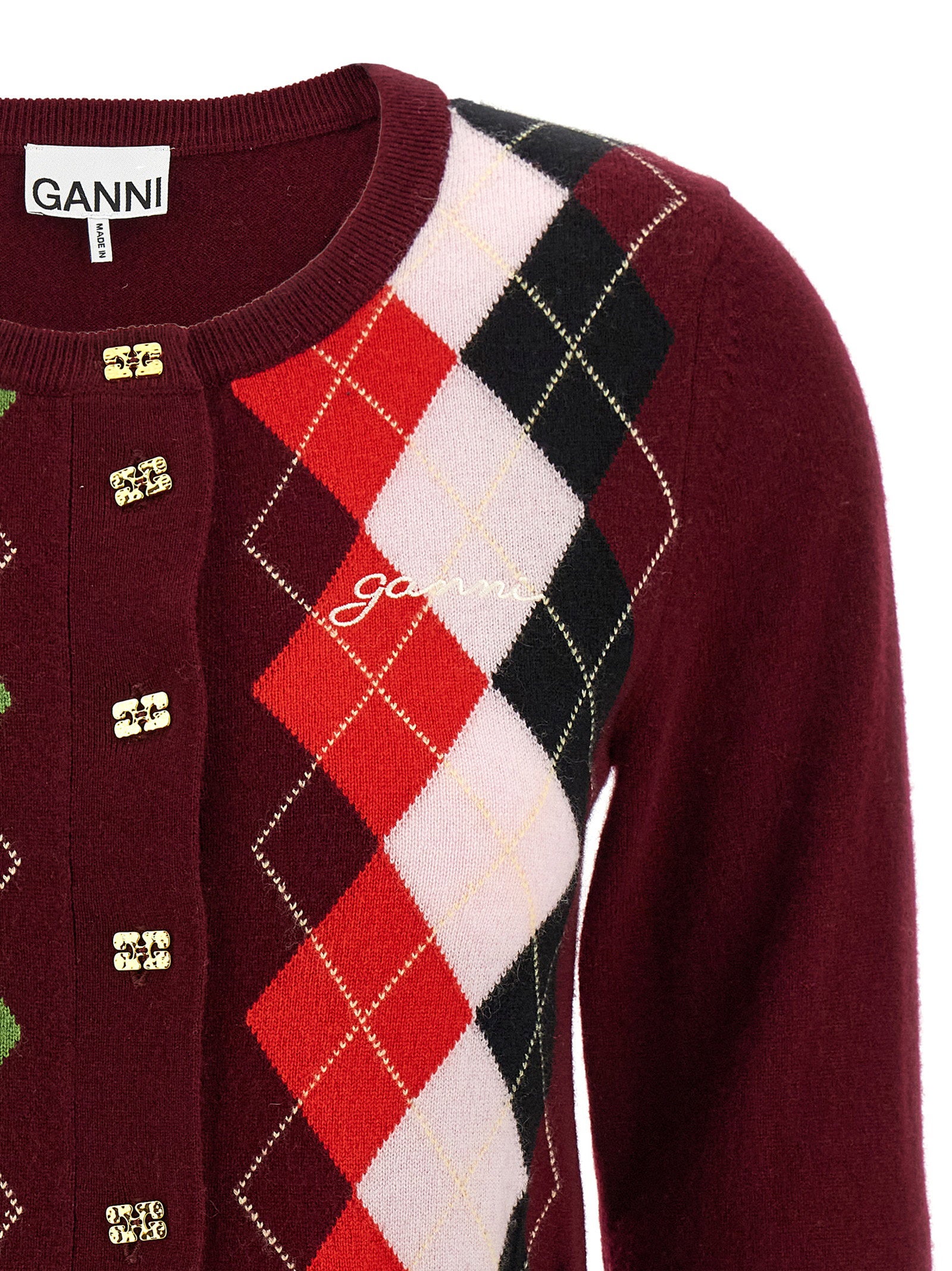 Ganni Argyle Merino Wool and Cashmere Cardigan — Burgundy - XS, view 3
