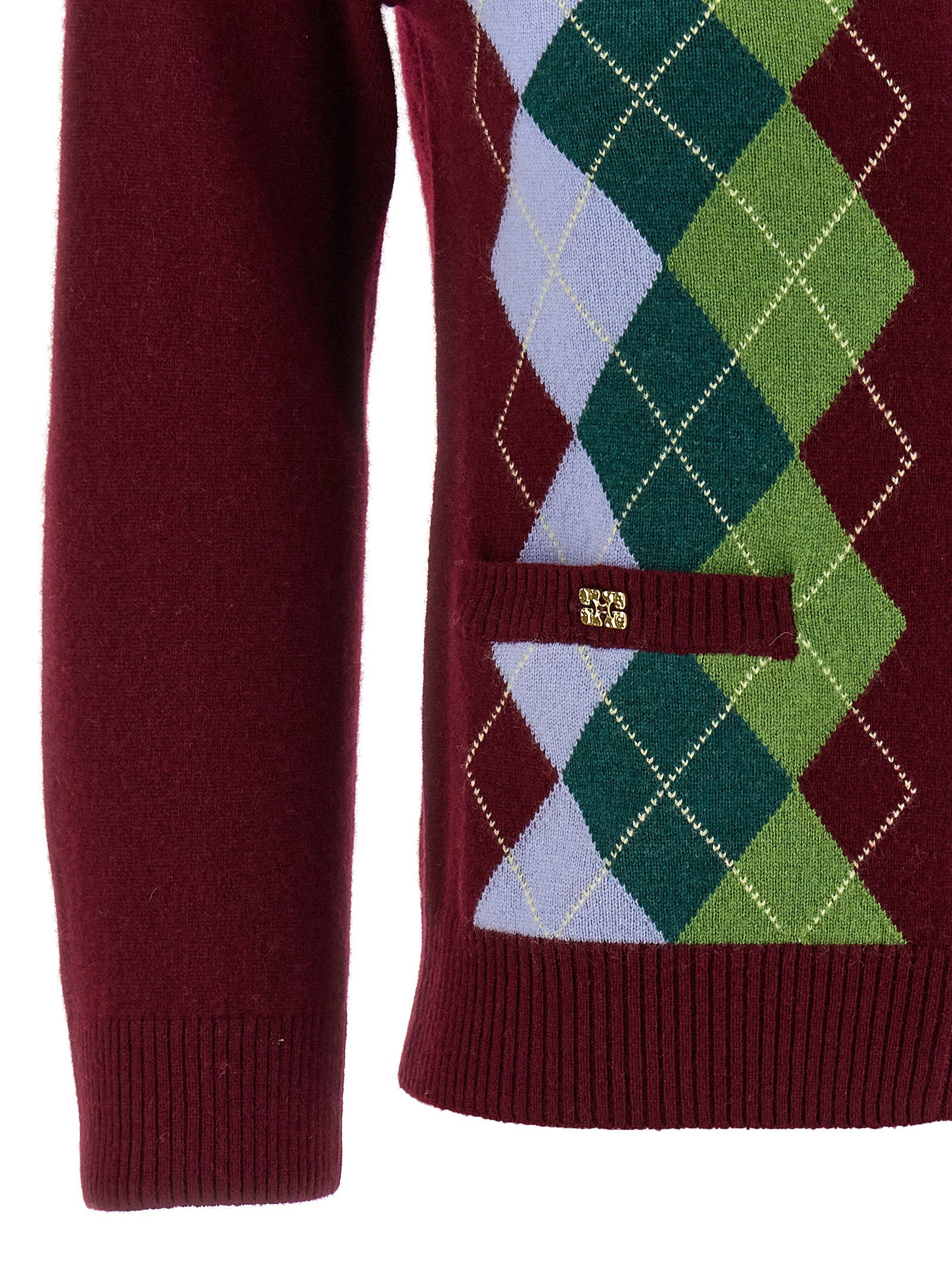 Ganni Argyle Merino Wool and Cashmere Cardigan — Burgundy - XS, view 4