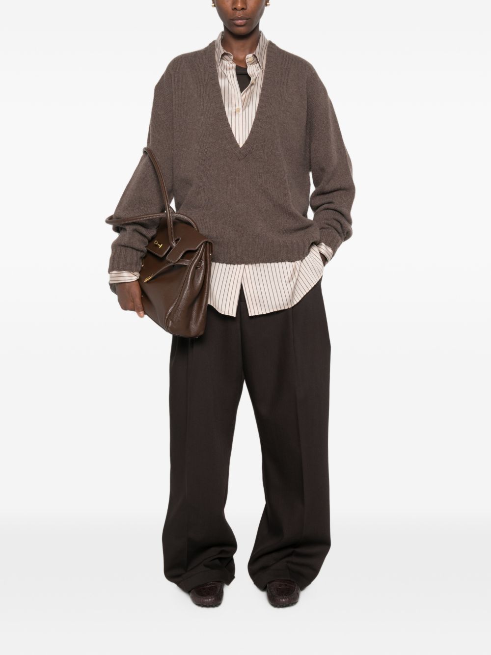 Alysi Wool V-Neck Sweater — Brown, view 4