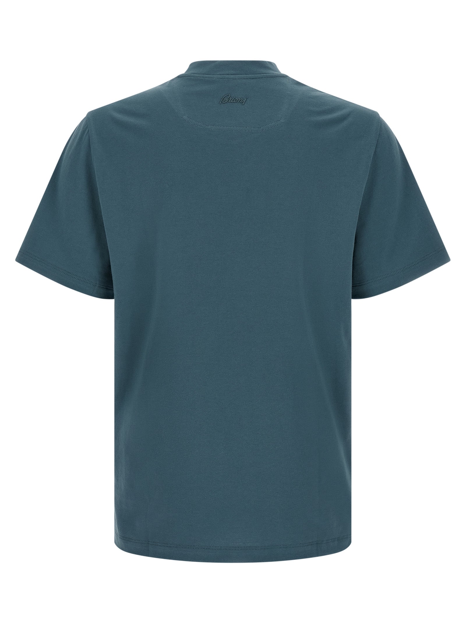 Brioni Embroidered Logo Cotton T-Shirt — Blue, view 2