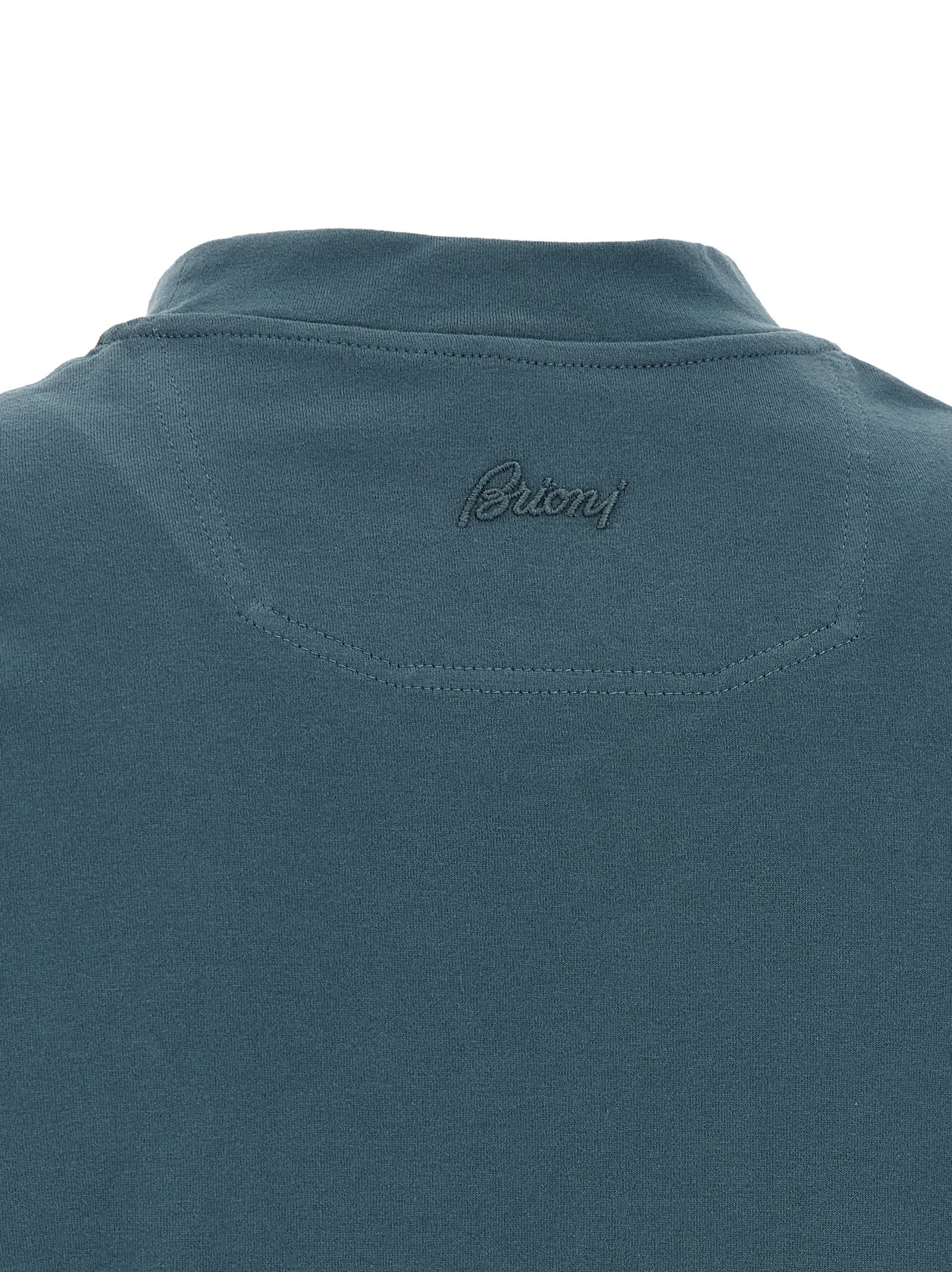 Brioni Embroidered Logo Cotton T-Shirt — Blue, view 4