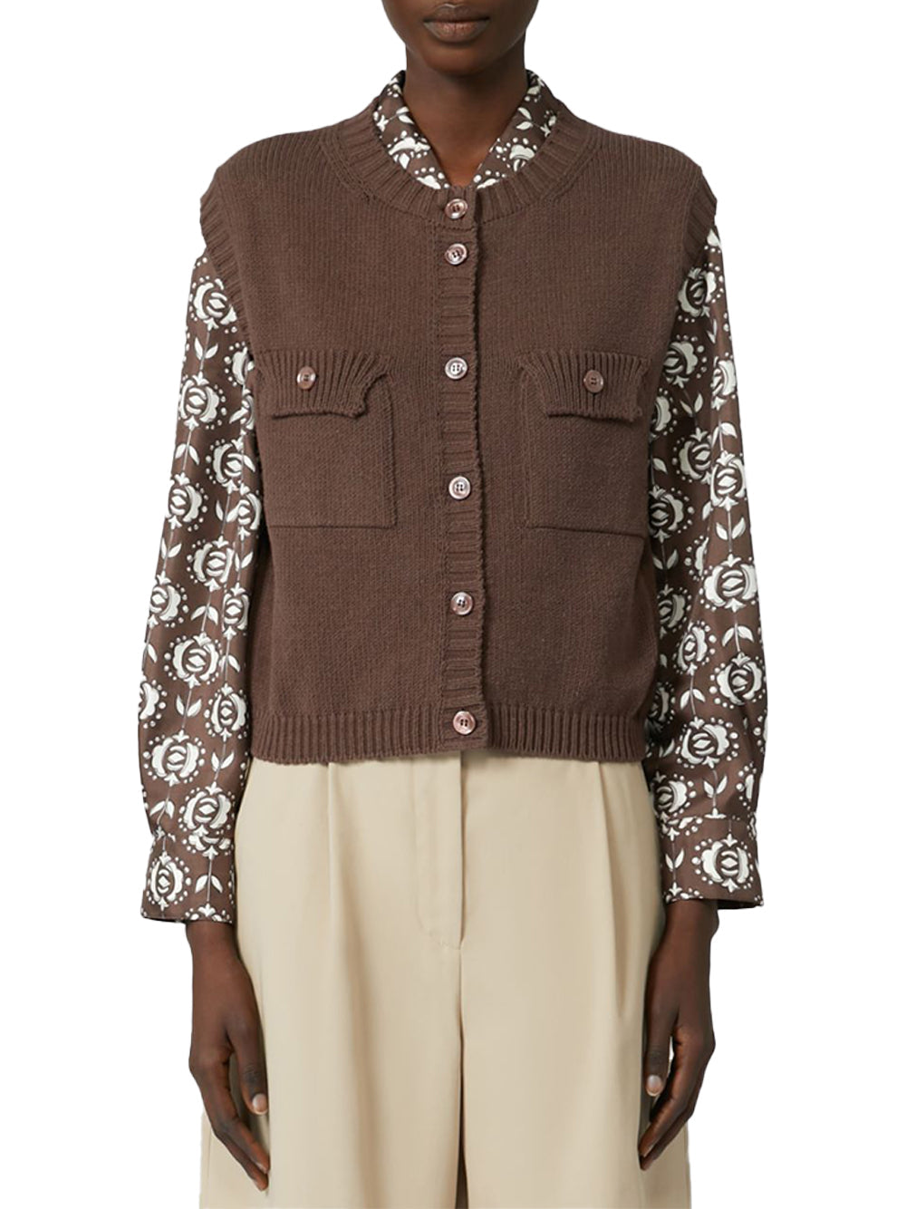 Weekend Maxmara Cotton-Blend Rib-Knit Gilet — Brown, view 3