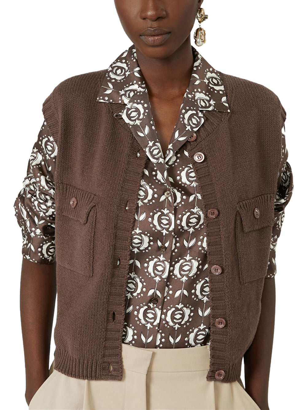 Weekend Maxmara Cotton-Blend Rib-Knit Gilet — Brown, view 5