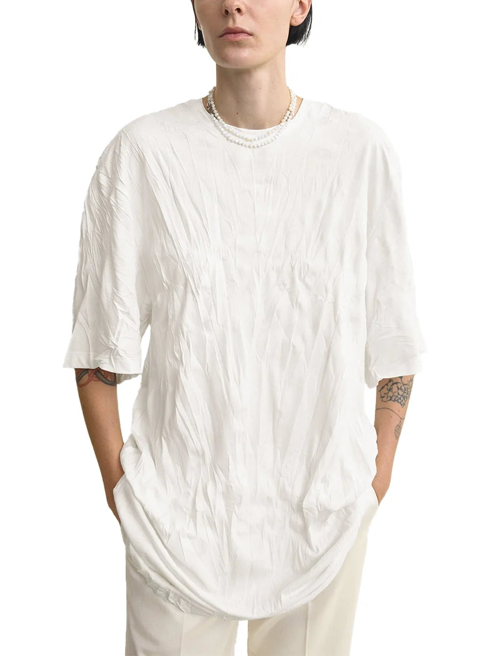 Toteme Crinkled Knit Tunic Dress — White, view 3