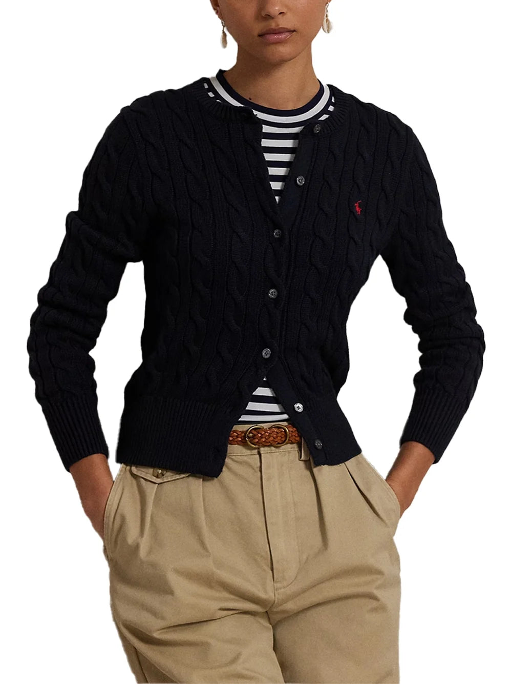 Ralph Lauren Cable-Knit Crewneck Cardigan — Navy, view 3