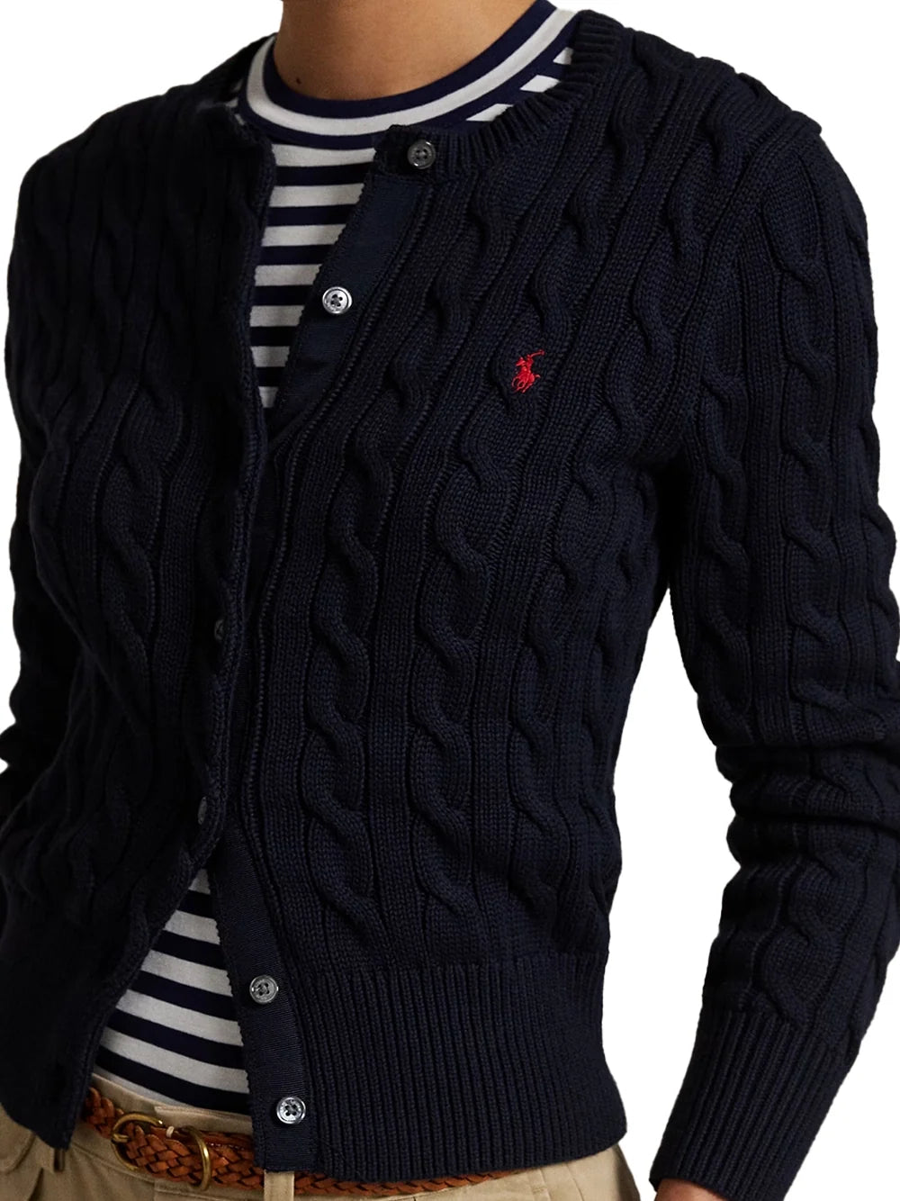 Ralph Lauren Cable-Knit Crewneck Cardigan — Navy, view 4