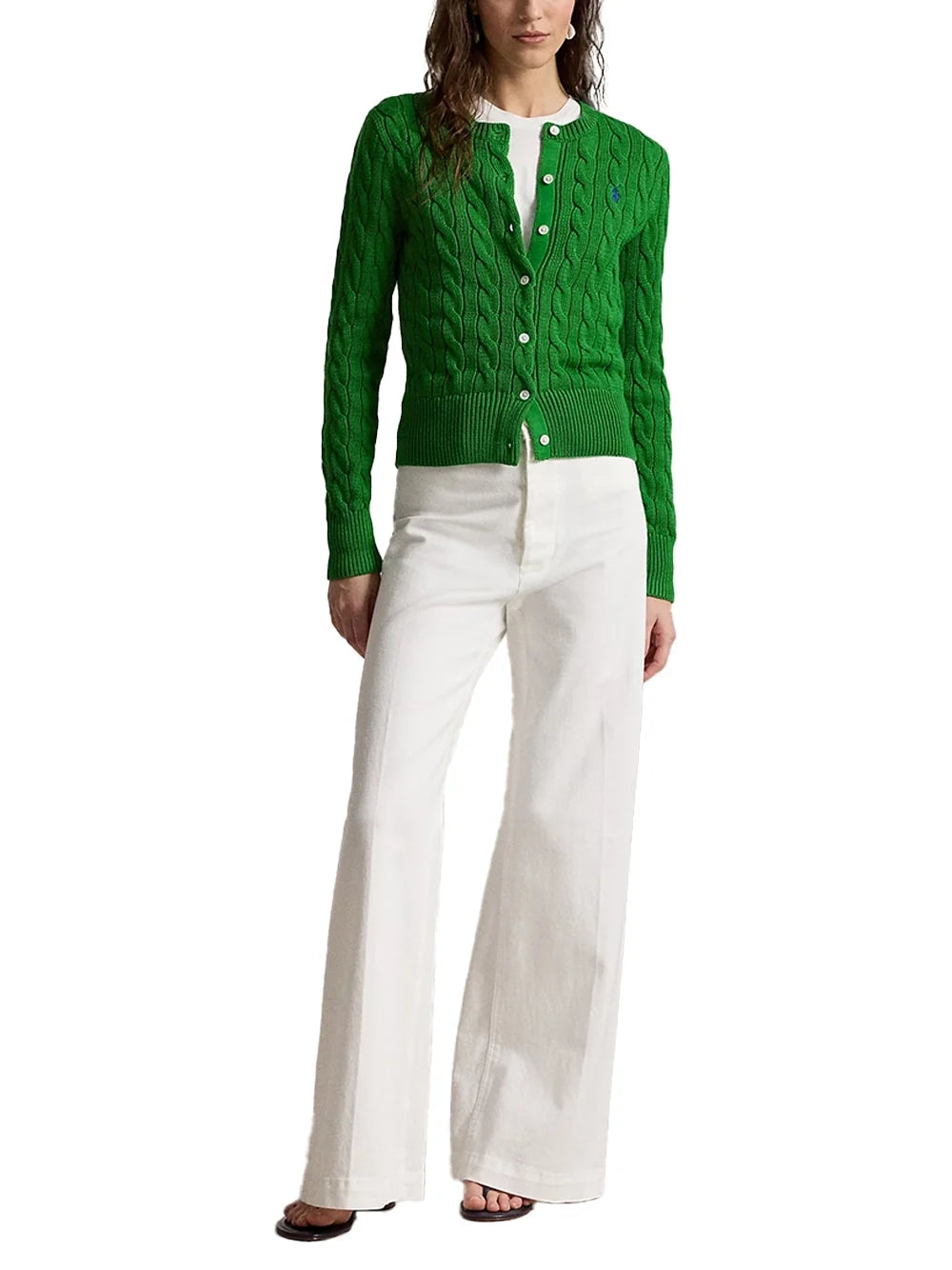 Ralph Lauren Cable-Knit Crewneck Cardigan — Green, view 2