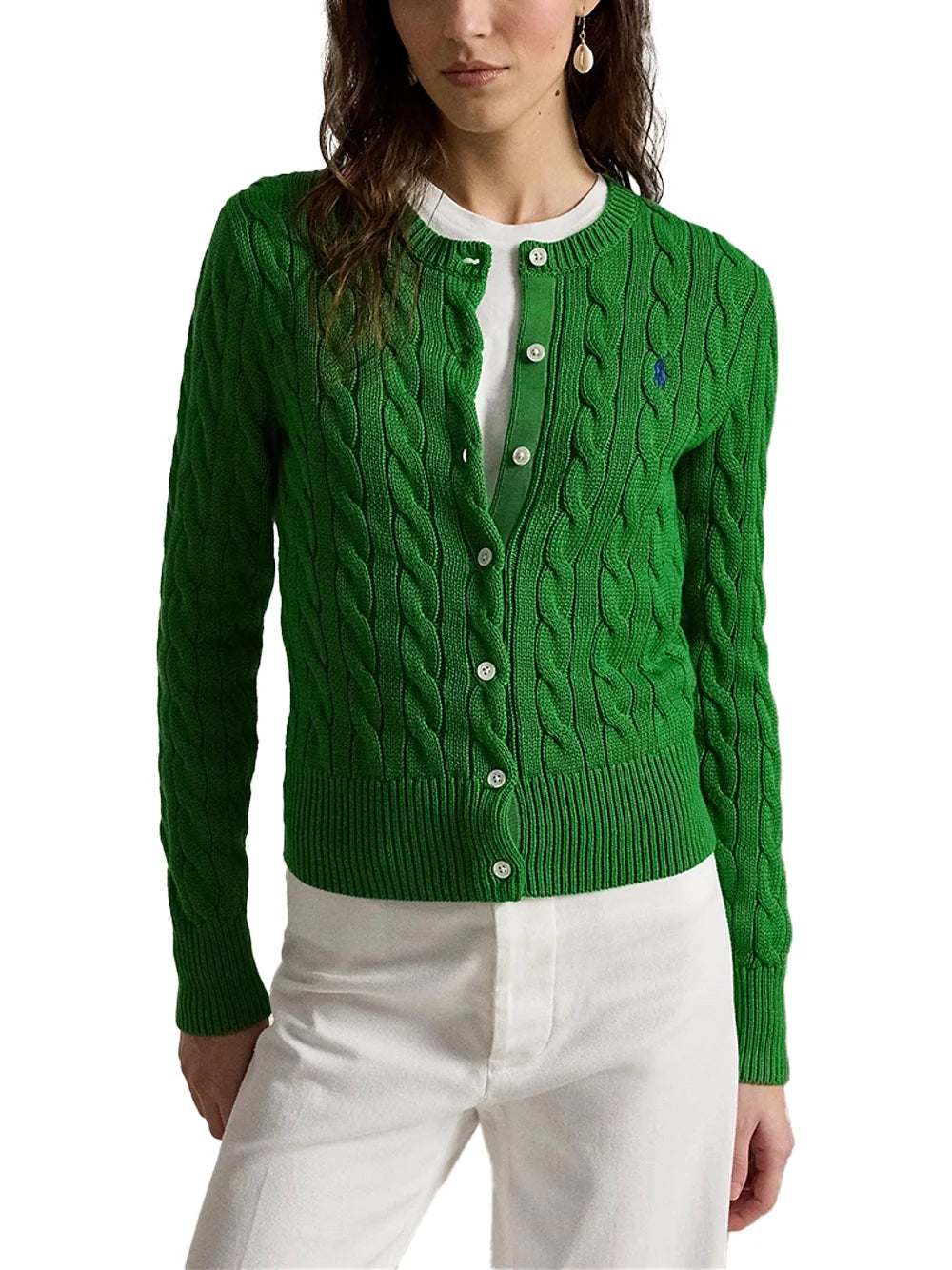 Ralph Lauren Cable-Knit Crewneck Cardigan — Green, view 3