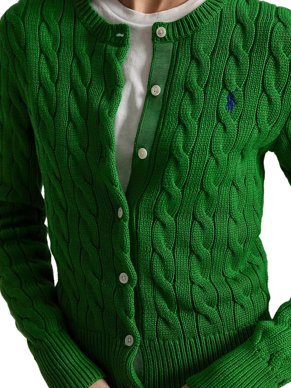 Ralph Lauren Cable-Knit Crewneck Cardigan — Green, view 4