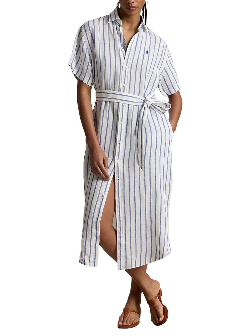 Ralph Lauren Striped Linen Midi Dress — White, view 2