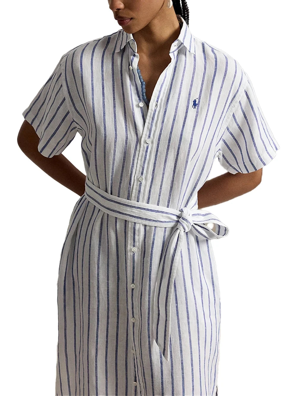 Ralph Lauren Striped Linen Midi Dress — White, view 3