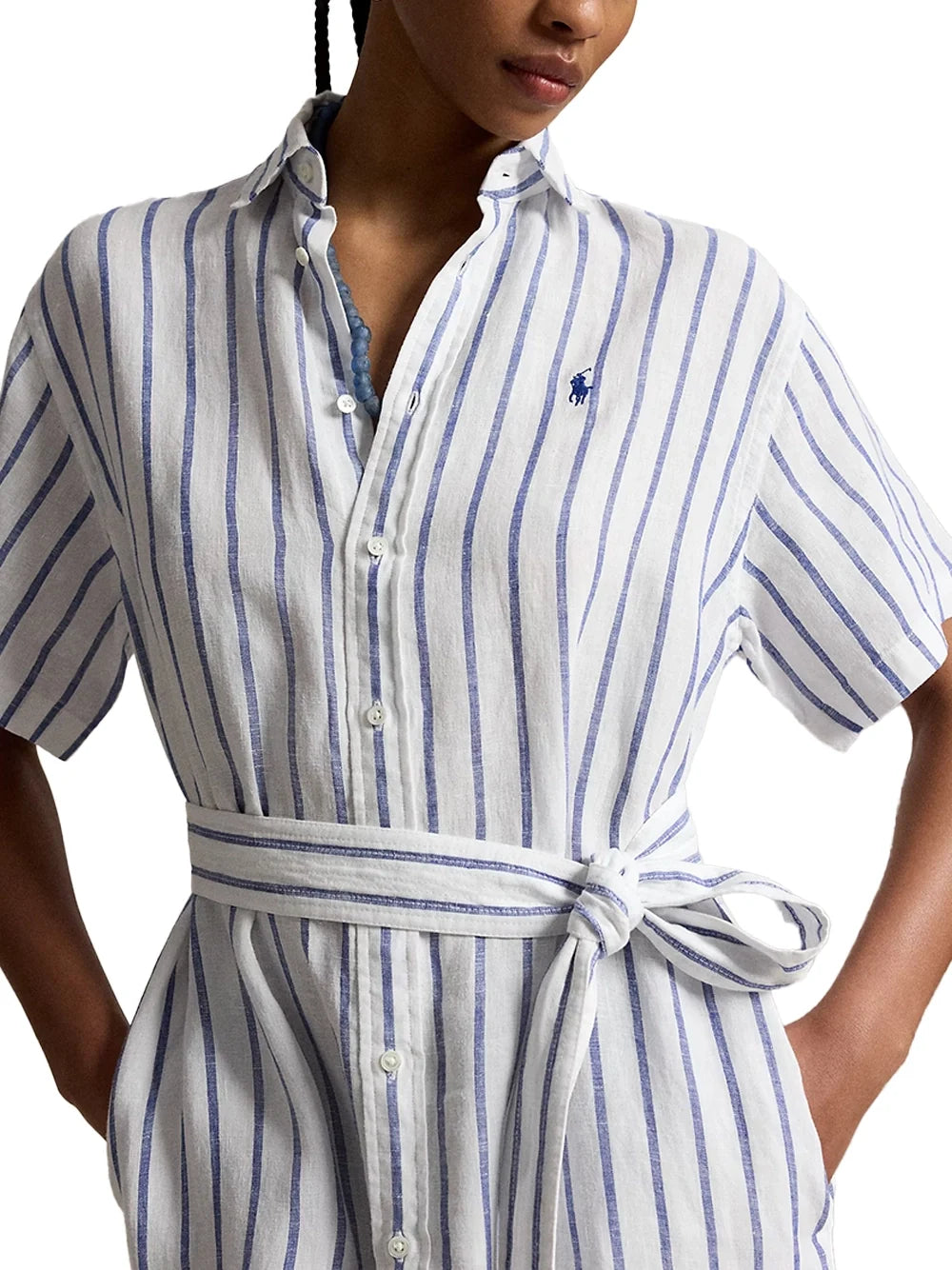 Ralph Lauren Striped Linen Midi Dress — White, view 4