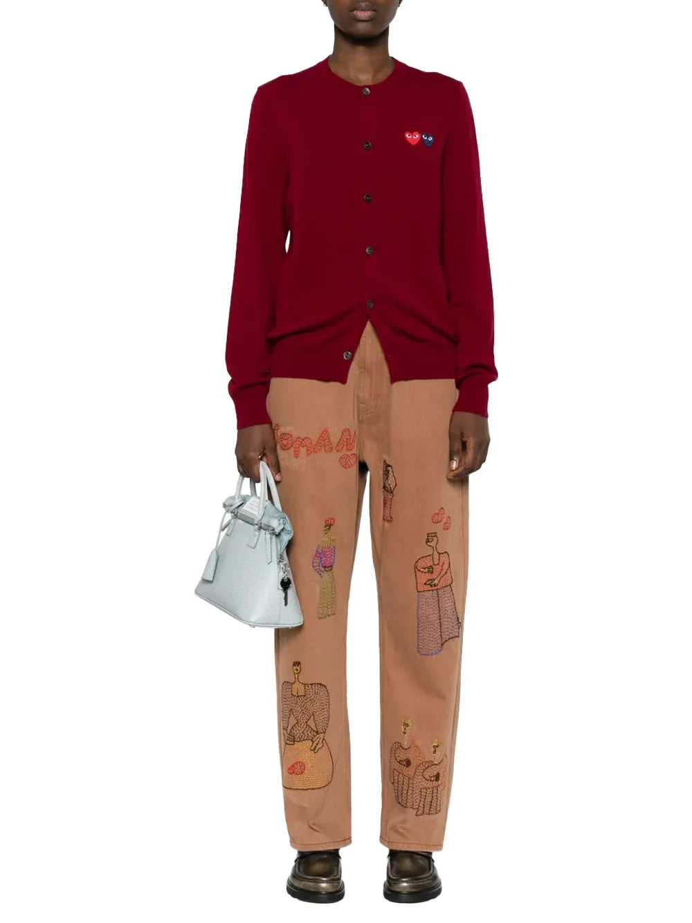 Comme Des GarçOns Play Double Heart Wool Cardigan — Burgundy, view 2