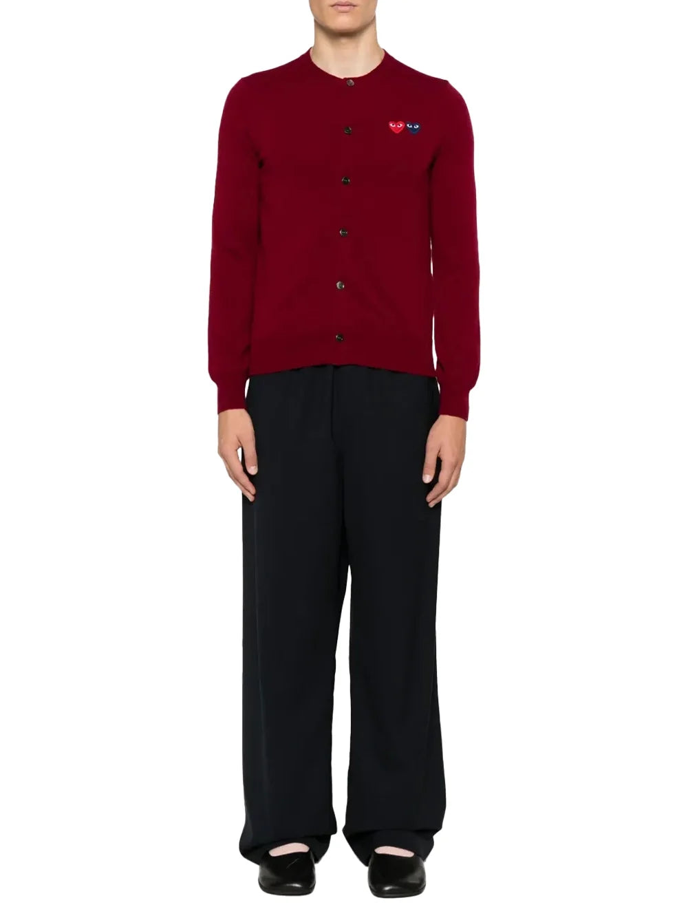 Comme Des GarçOns Play Double Heart Wool Cardigan — Burgundy, view 3