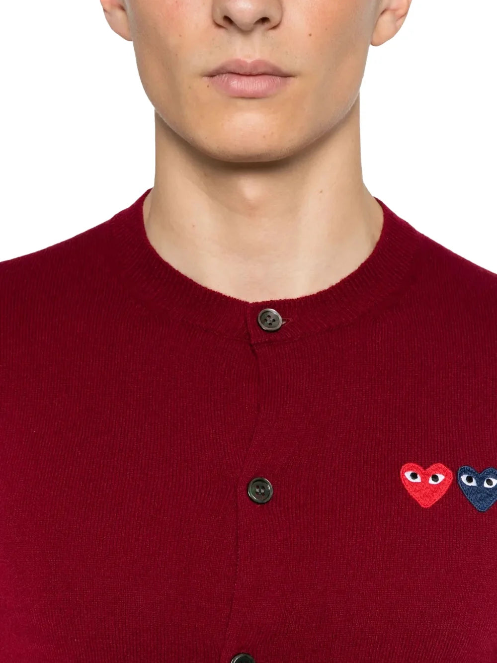 Comme Des GarçOns Play Double Heart Wool Cardigan — Burgundy, view 4