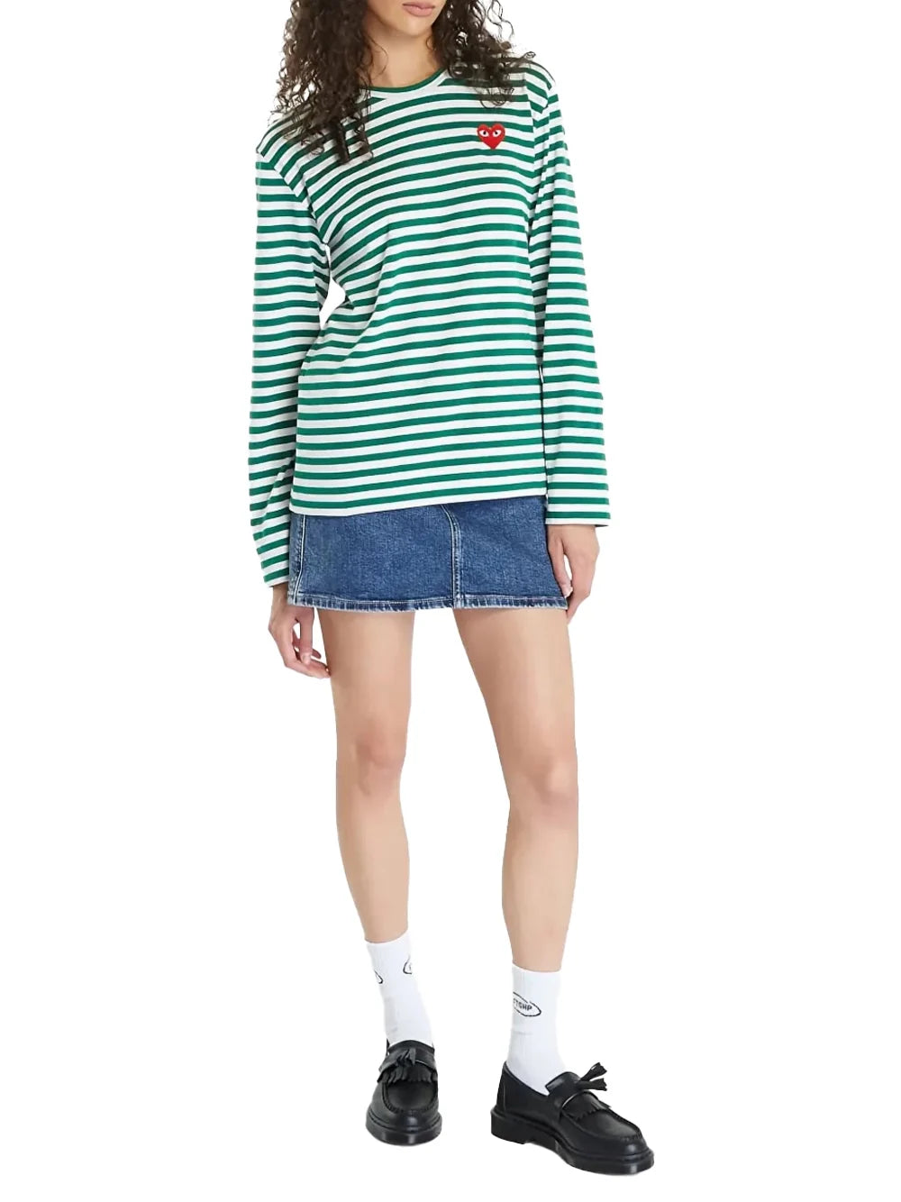 Comme Des GarçOns Play Striped Red Heart Logo T-Shirt — Green, view 2