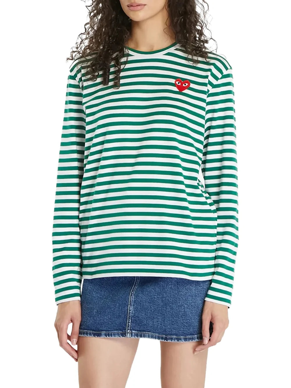 Comme Des GarçOns Play Striped Red Heart Logo T-Shirt — Green, view 3