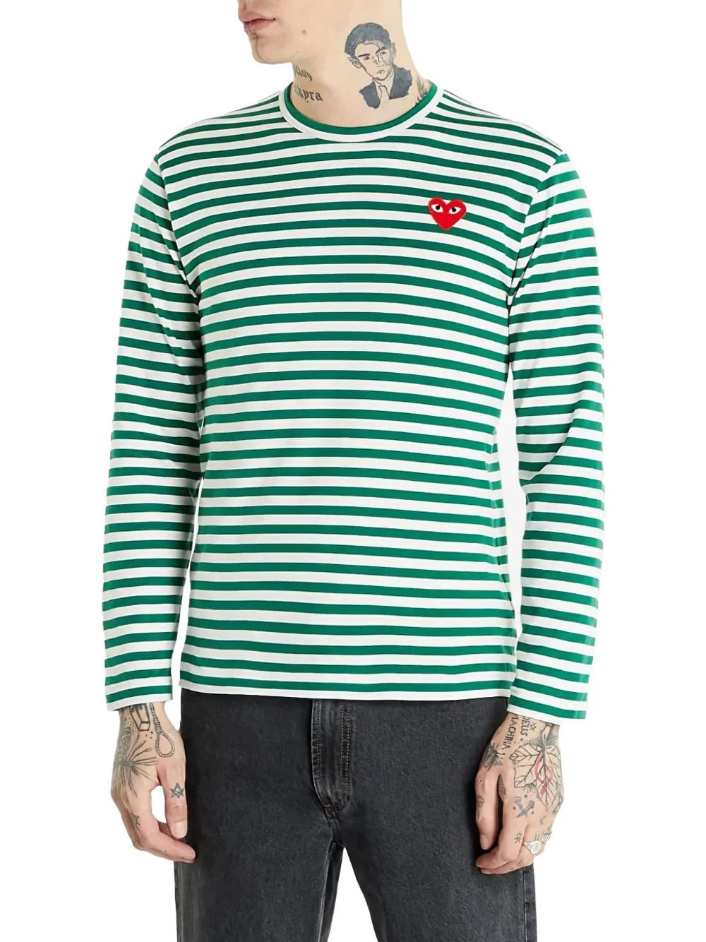 Comme Des GarçOns Play Striped Red Heart Logo T-Shirt — Green, view 4