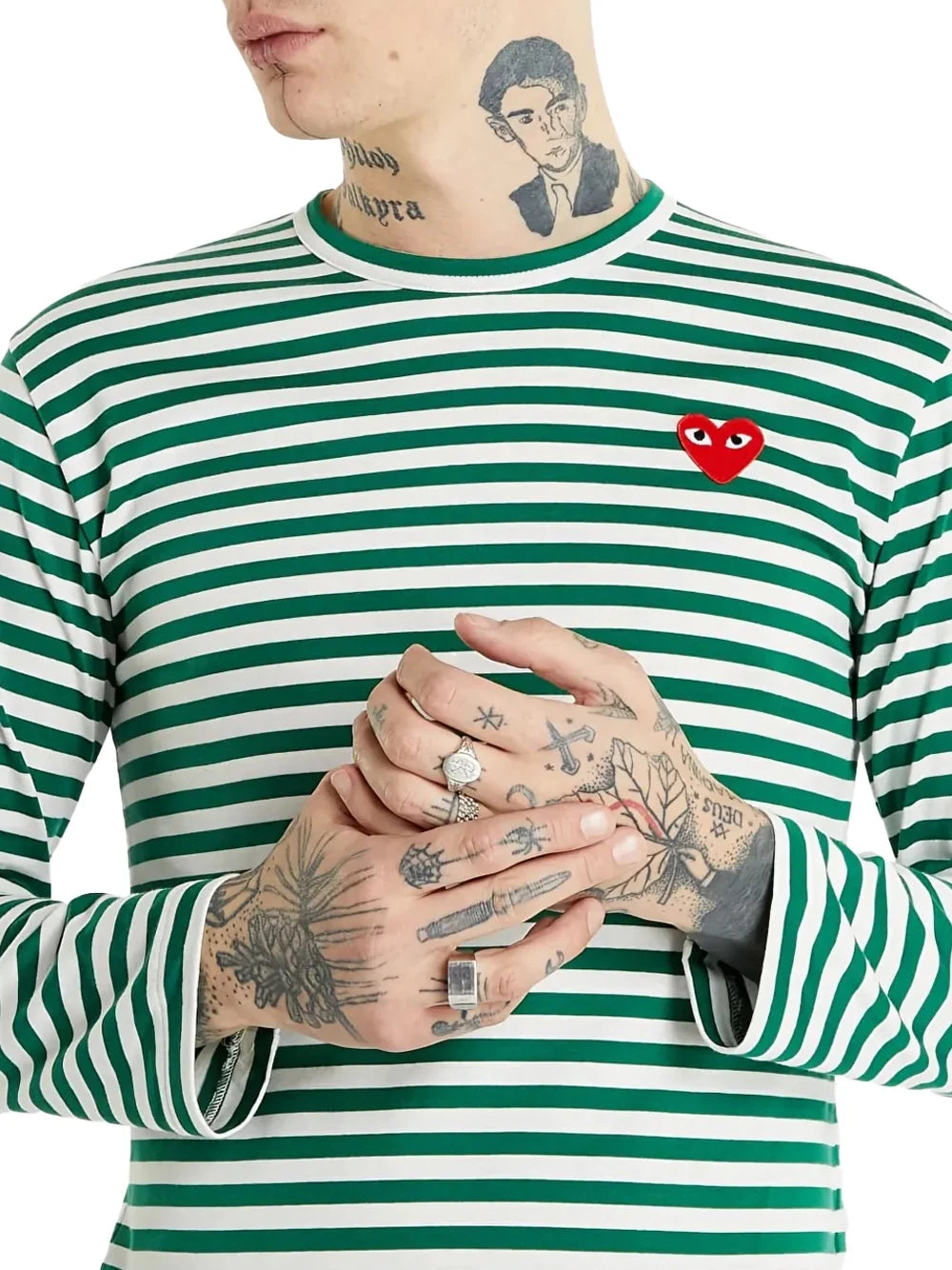 Comme Des GarçOns Play Striped Red Heart Logo T-Shirt — Green, view 6