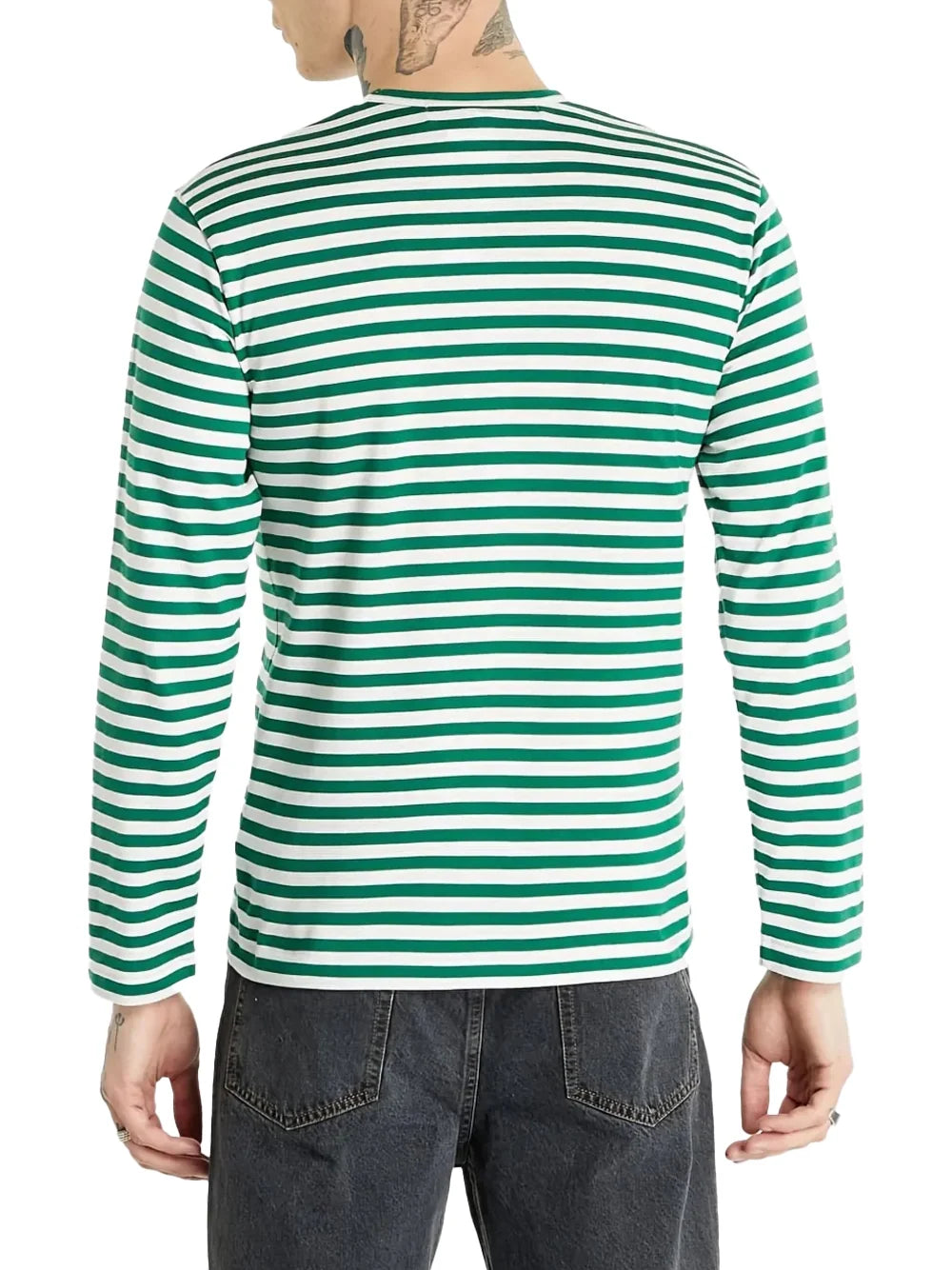 Comme Des GarçOns Play Striped Red Heart Logo T-Shirt — Green, view 8