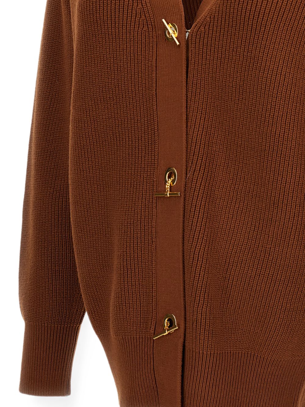 Elisabetta Franchi Toggle-Fastening Ribbed Knit Cardigan — Brown, view 3