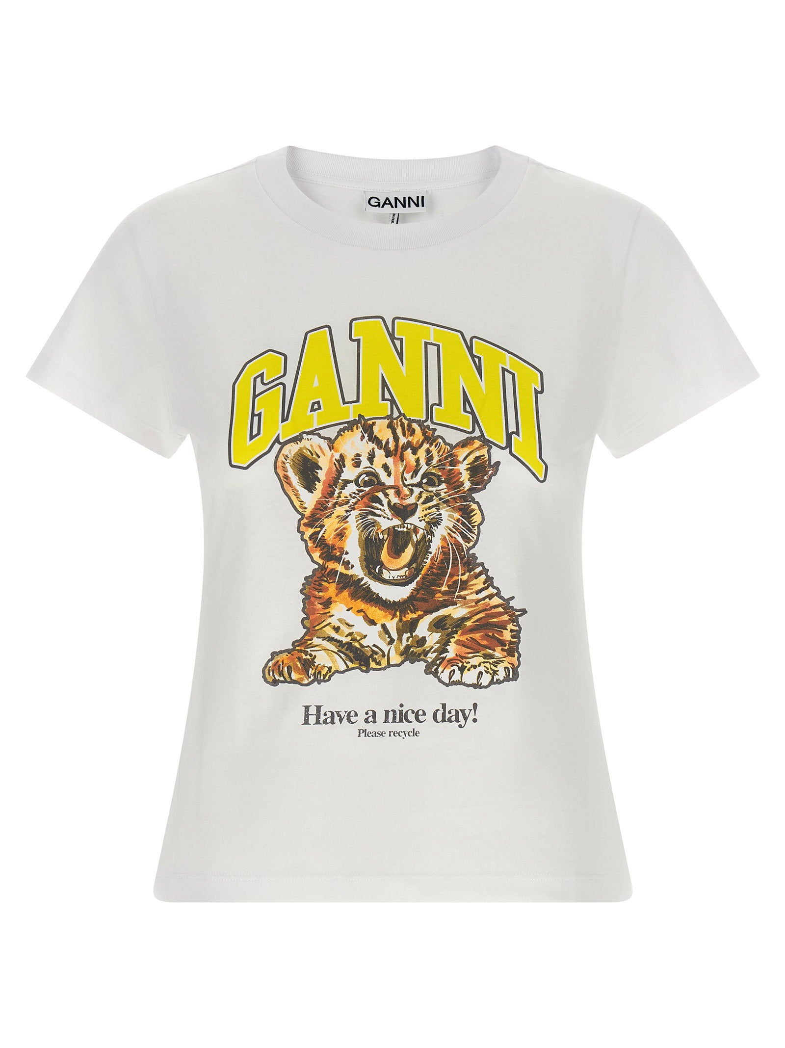 Ganni Tiger-Print Organic Cotton T-shirt — White - S by Ganni