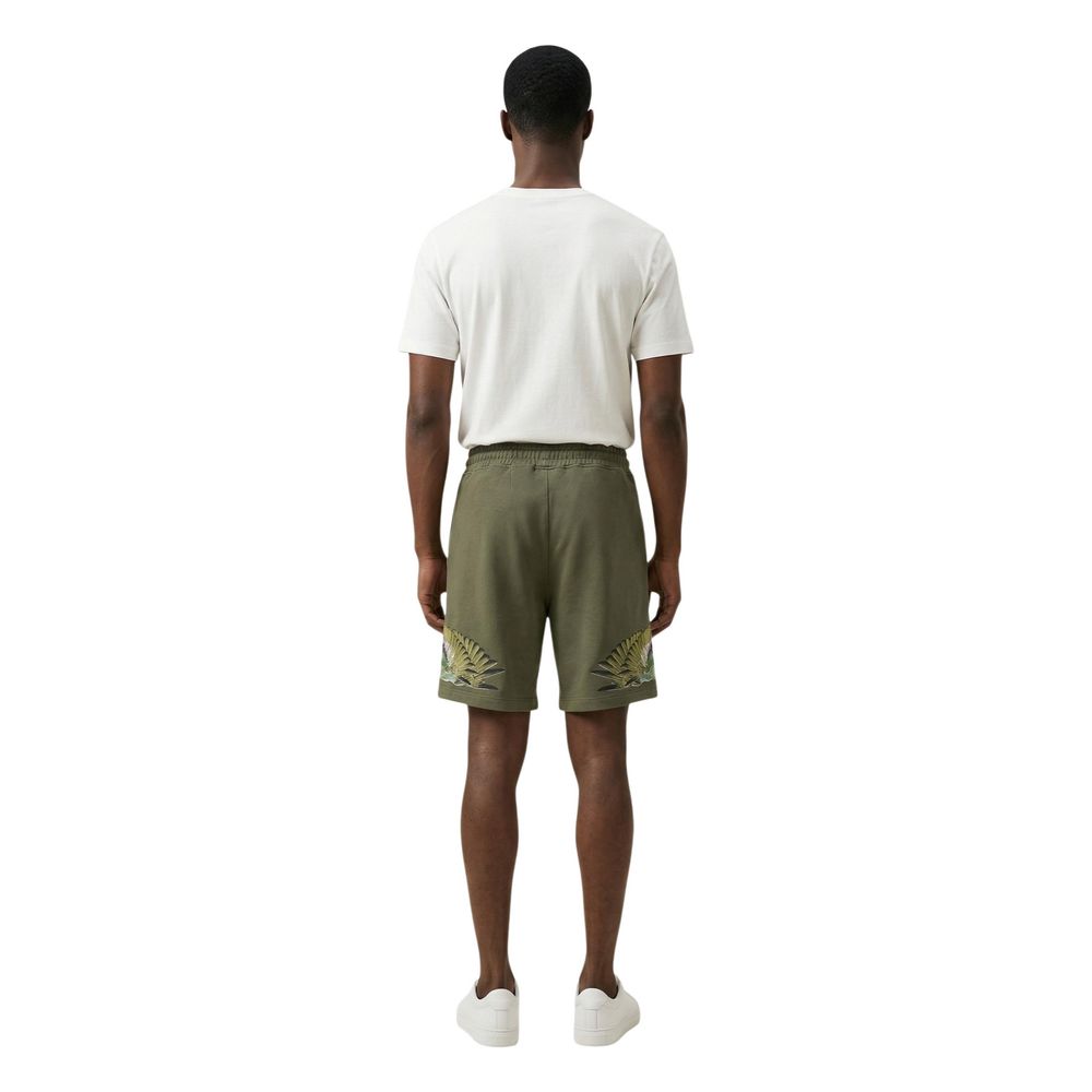 County Of Milan Embroidered Bird Motif Cotton Bermuda Shorts — Green, view 4