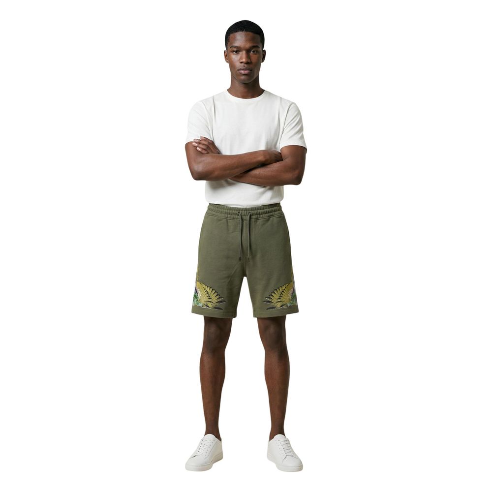 County Of Milan Embroidered Bird Motif Cotton Bermuda Shorts — Green, view 5