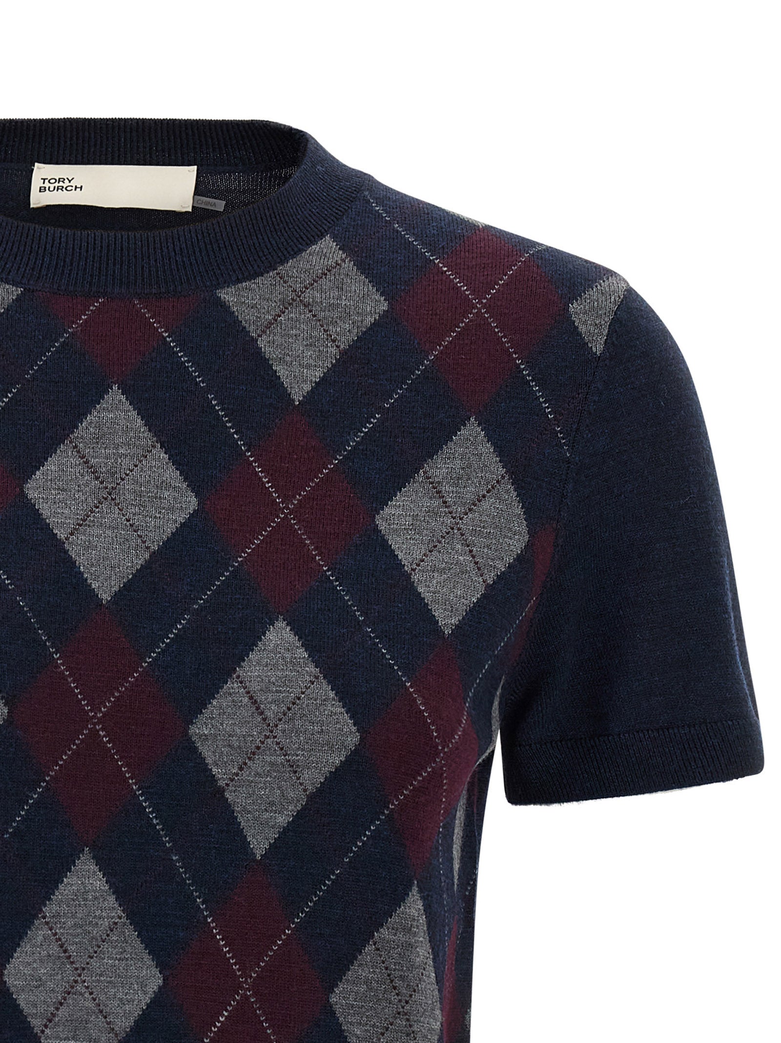 Tory Burch Argyle Merino Wool Sweater — Navy, view 3