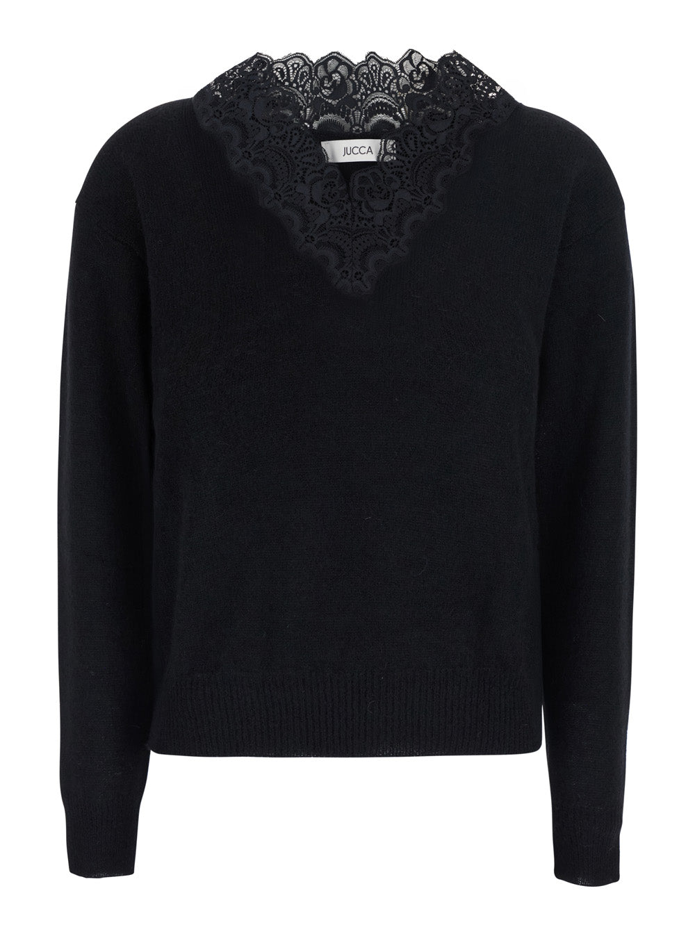 Jucca Lace-Trimmed V-Neck Alpaca Sweater — Black by Jucca