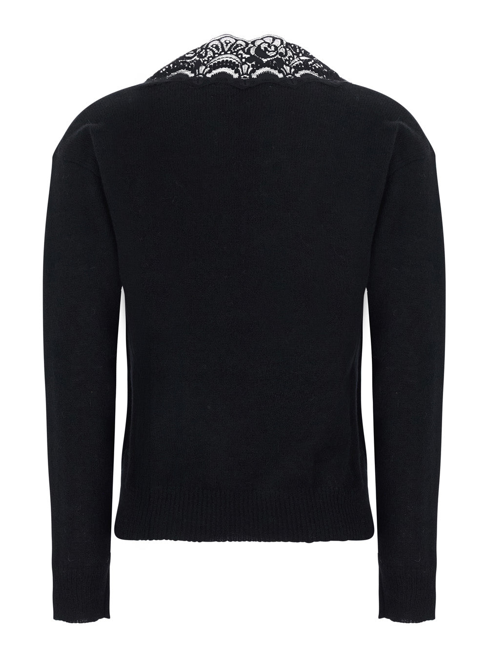 Jucca Lace-Trimmed V-Neck Alpaca Sweater — Black, view 2