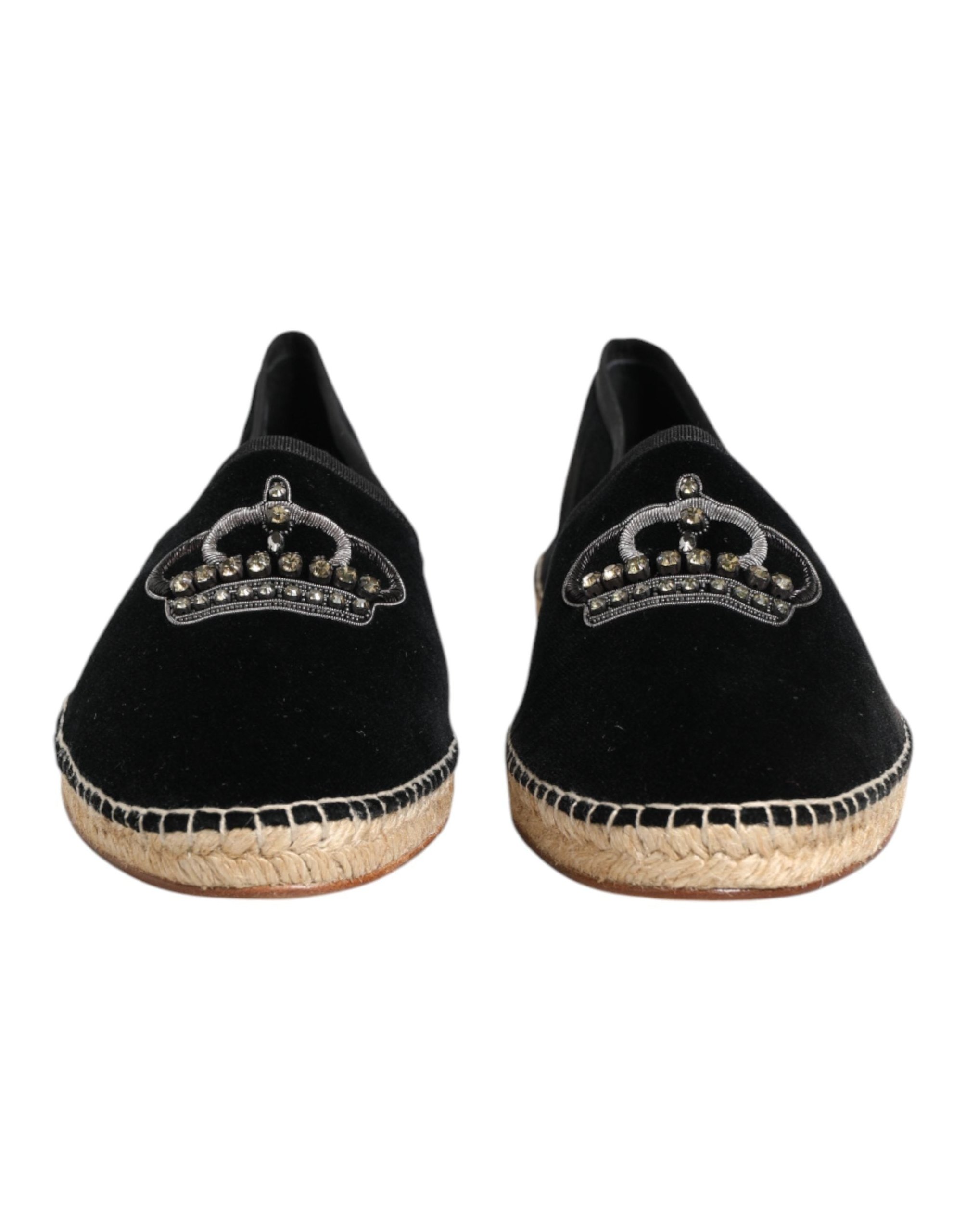 Dolce & Gabbana Crown-Embellished Velvet Espadrille Flat — Black by Dolce Gabbana