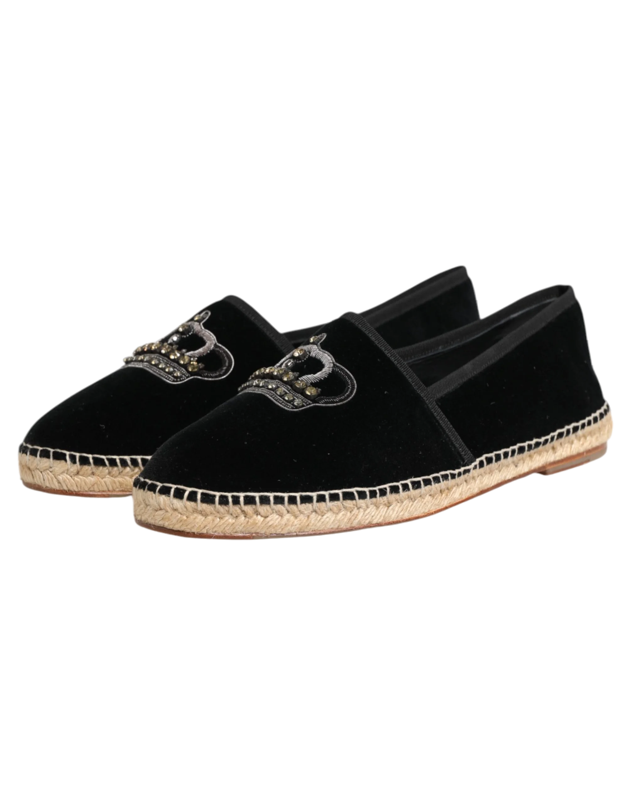 Dolce & Gabbana Crown-Embellished Velvet Espadrille Flat — Black, view 3